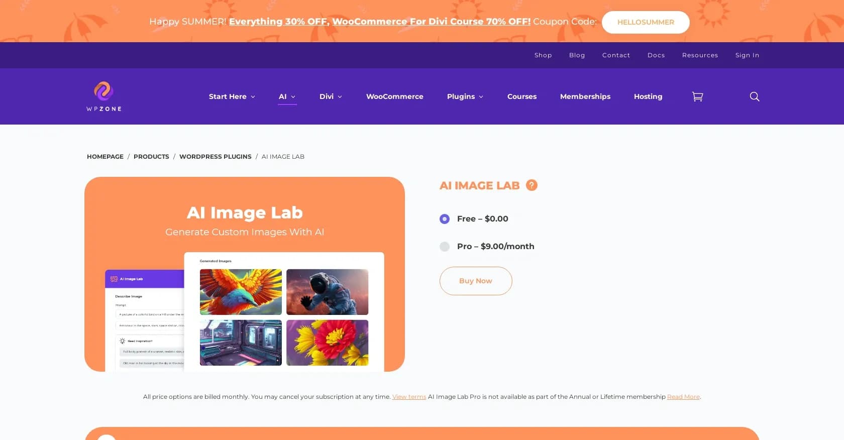 WPZone homepage screenshot — AI-powered custom images for WordPress sites.