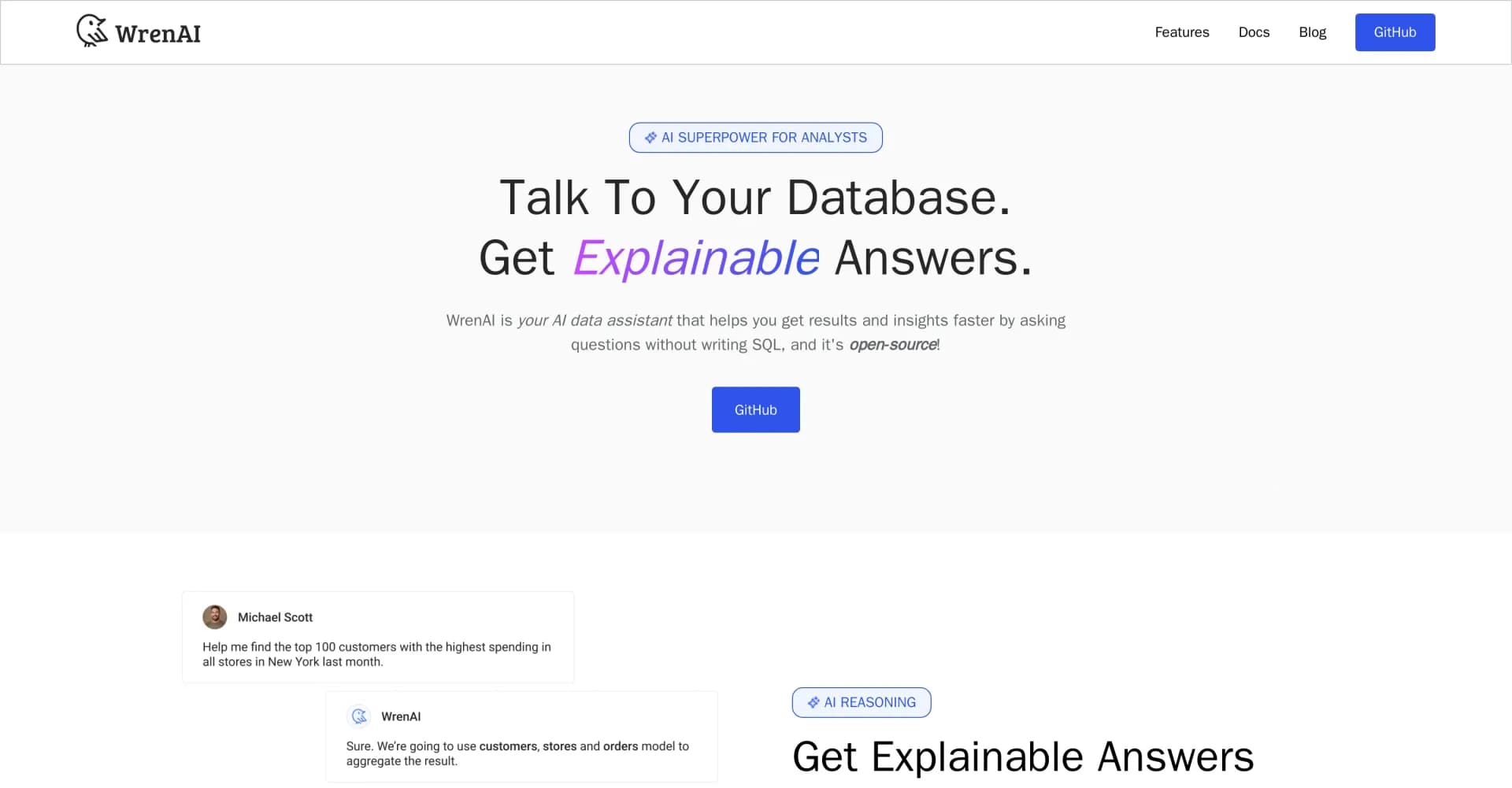 WrenAI homepage screenshot — Connect LLMs to your data for explainable insights.
