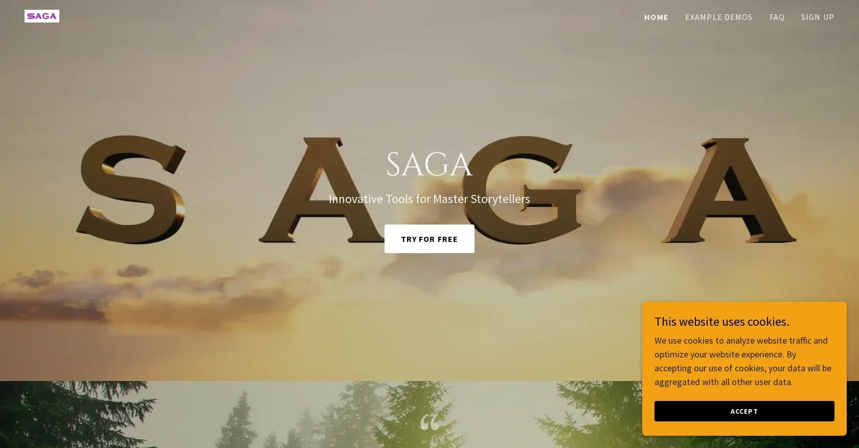 Write On Saga homepage screenshot — Empower storytellers with innovative filmmaking tools.