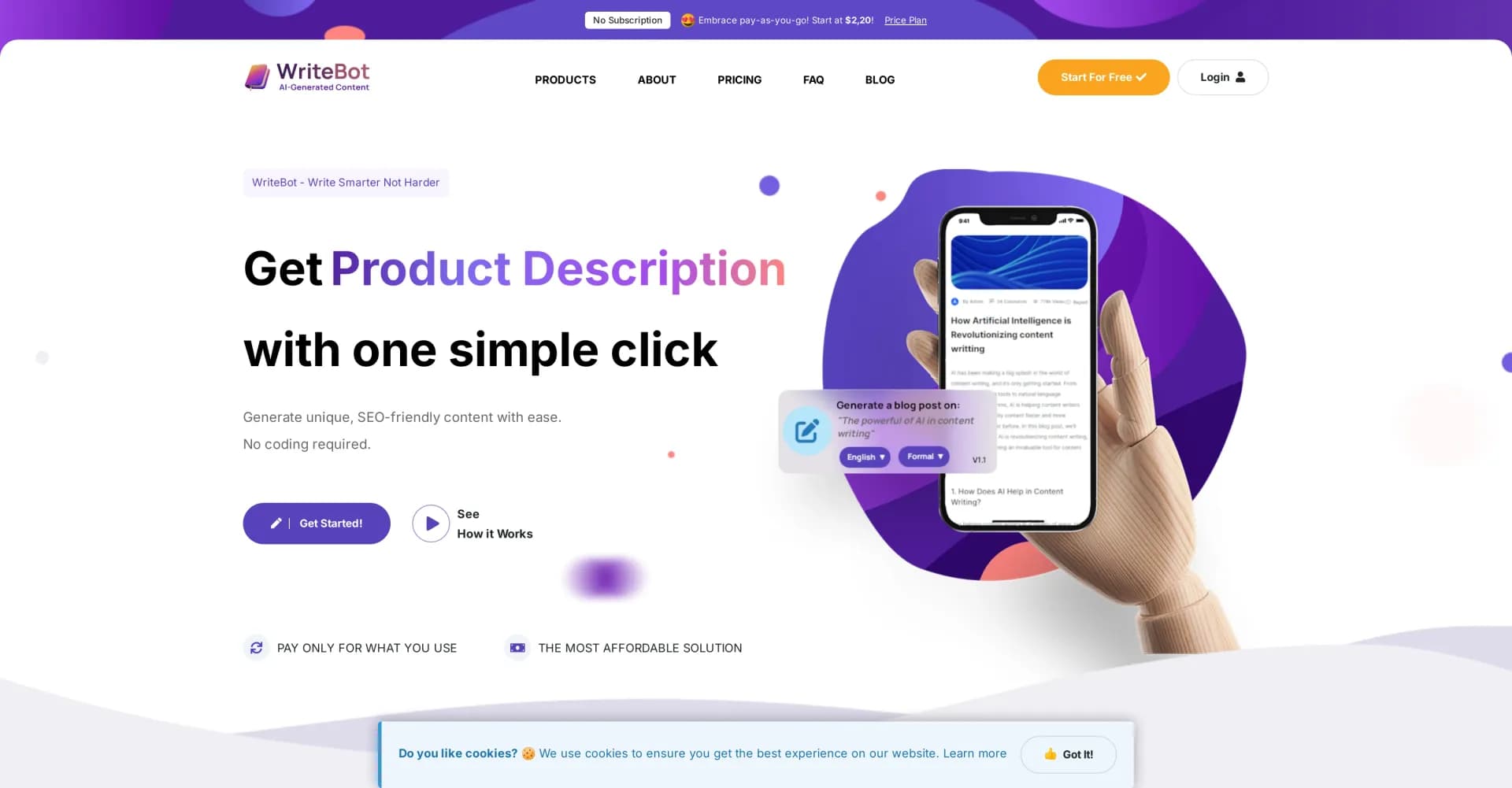WriteBot.io homepage screenshot — Write smarter, not harder with AI-powered content generation
