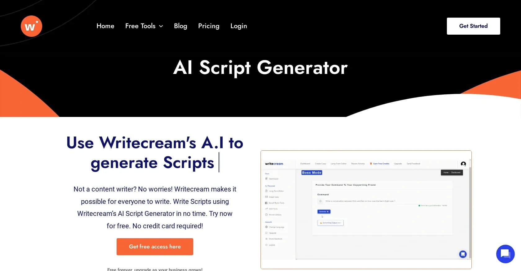 Writecream homepage screenshot — AI-powered scripts in seconds.
