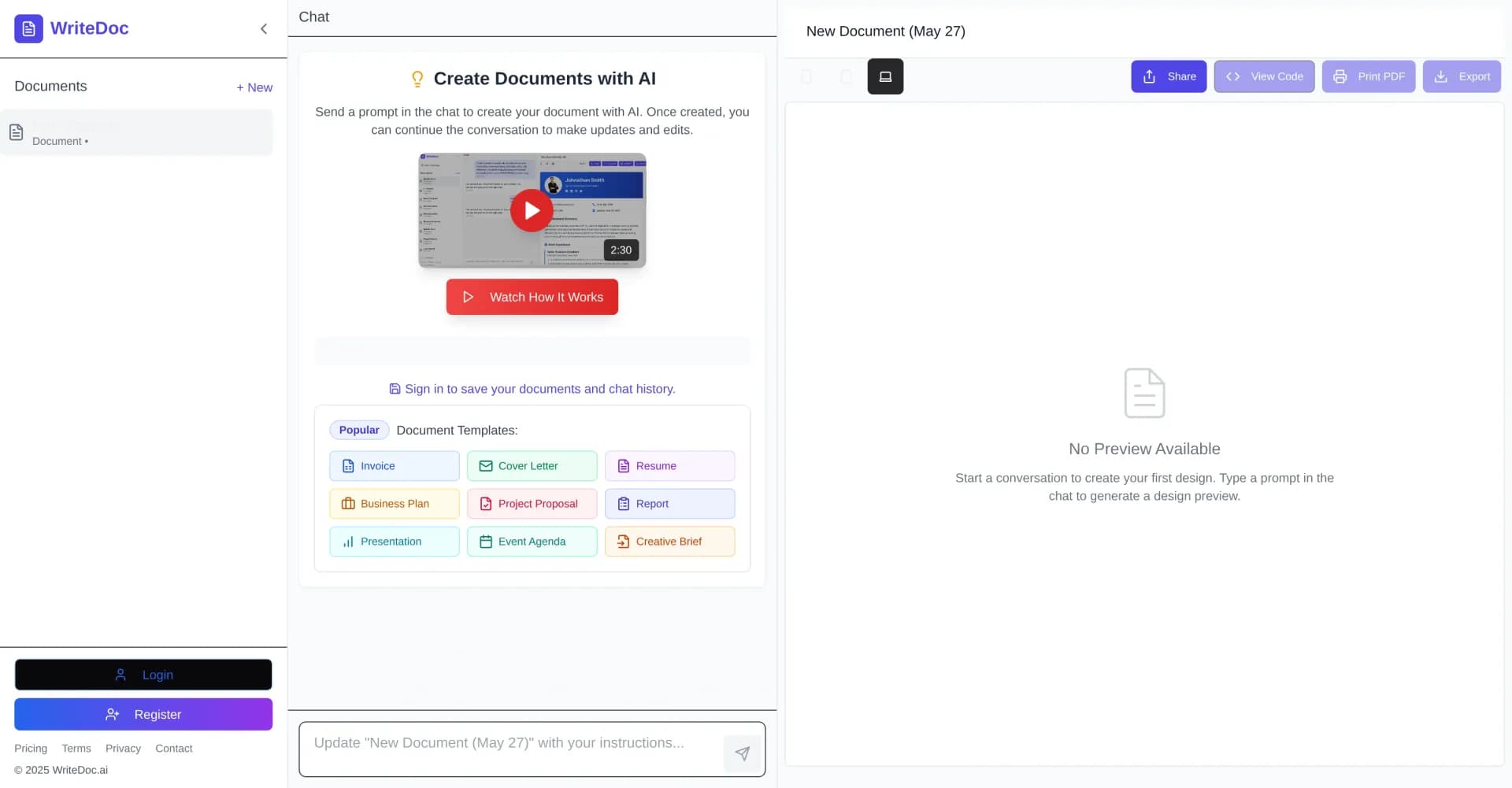 WriteDoc.ai homepage screenshot — Generate beautiful documents with AI