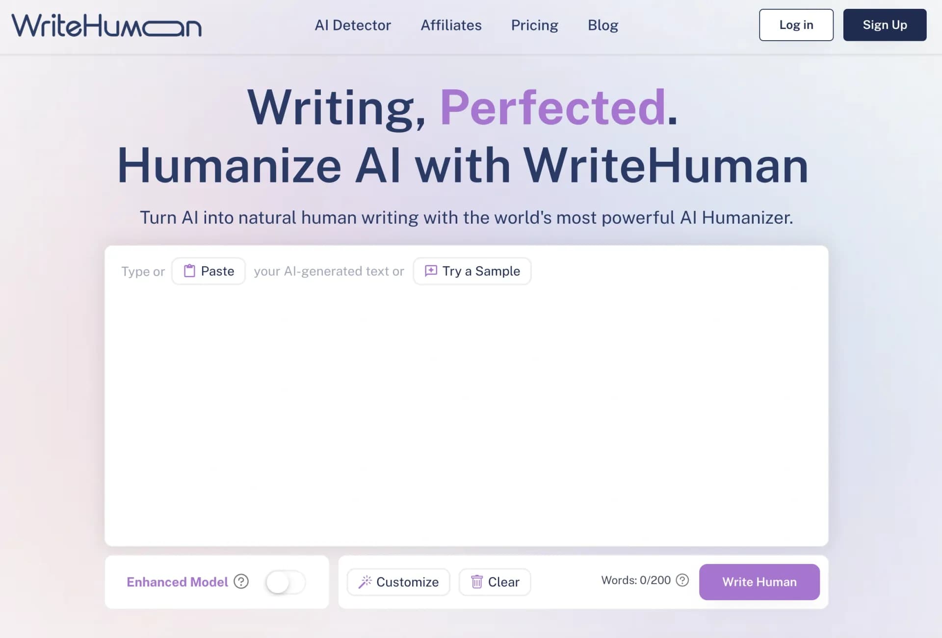 WriteHuman homepage screenshot — Undetectable and private content generation.