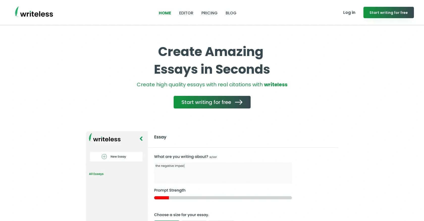 Writeless homepage screenshot — Generate undetectable essays with real citations in seconds.