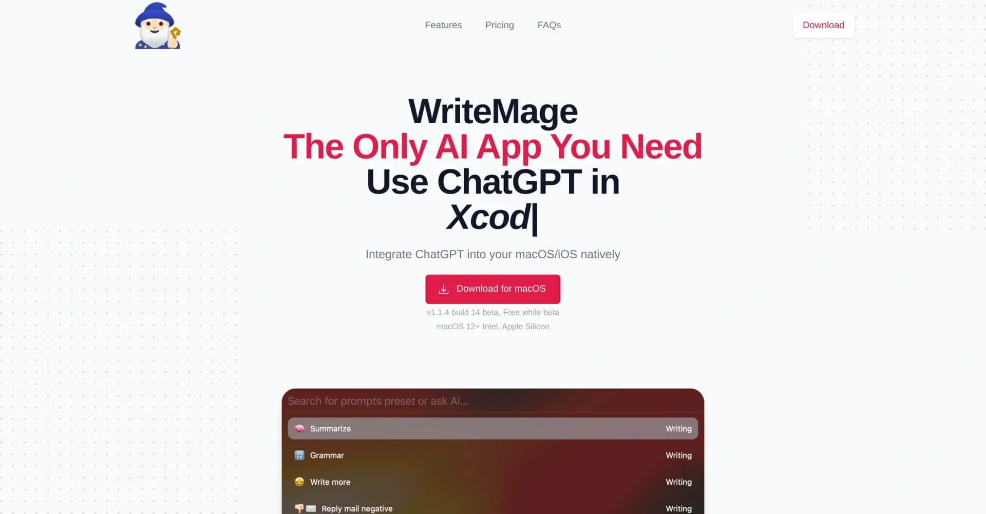 WriteMage homepage screenshot — Seamlessly integrate ChatGPT into your macOS workflow.