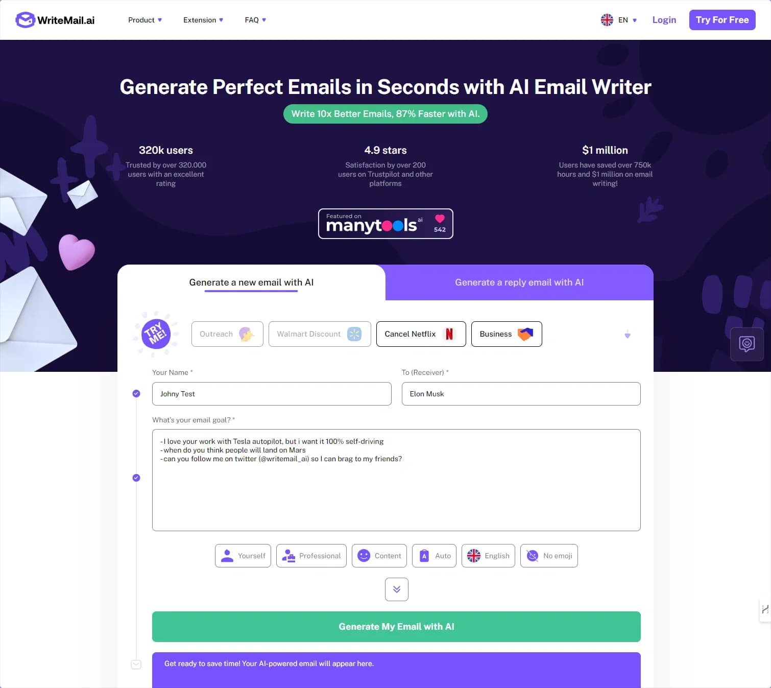 WriteMail.aiv2.0 homepage screenshot — WriteMail.ai: Generate Perfect Emails in Seconds with AI Ema