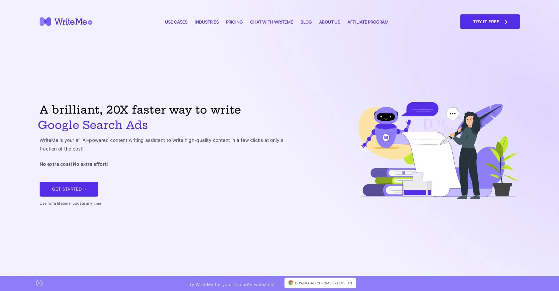 WriteMe homepage screenshot — AI-powered content creation in clicks