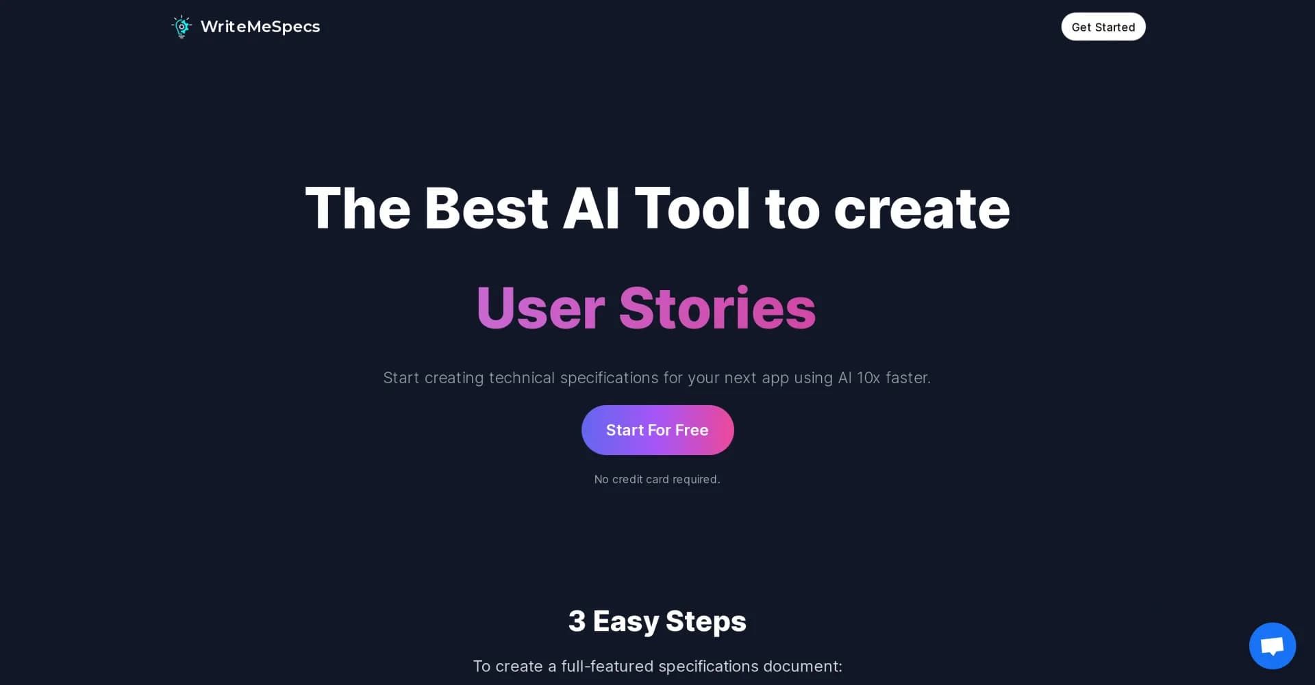 WriteMeSpecs homepage screenshot — Create technical specs 10x faster with AI