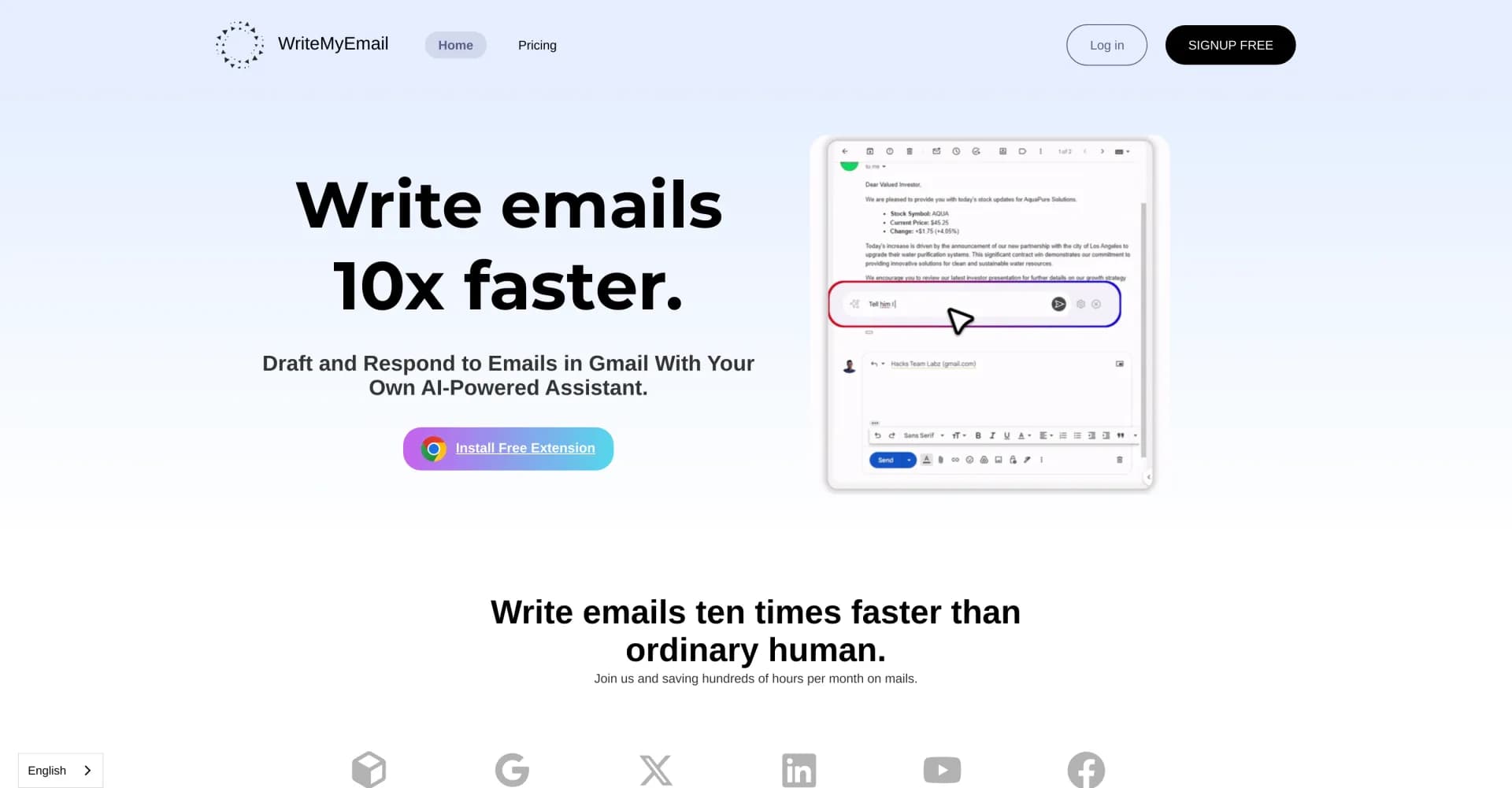 WriteMyEmail homepage screenshot — Draft emails 10x faster with AI.