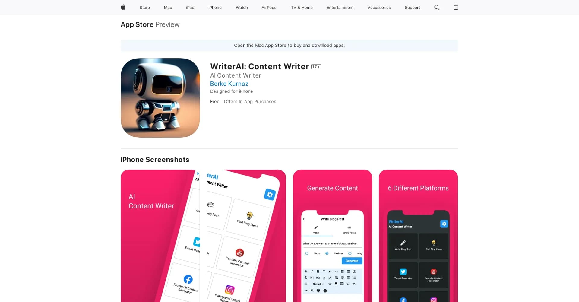 WriterAI homepage screenshot — Create your own original content in seconds with AI.