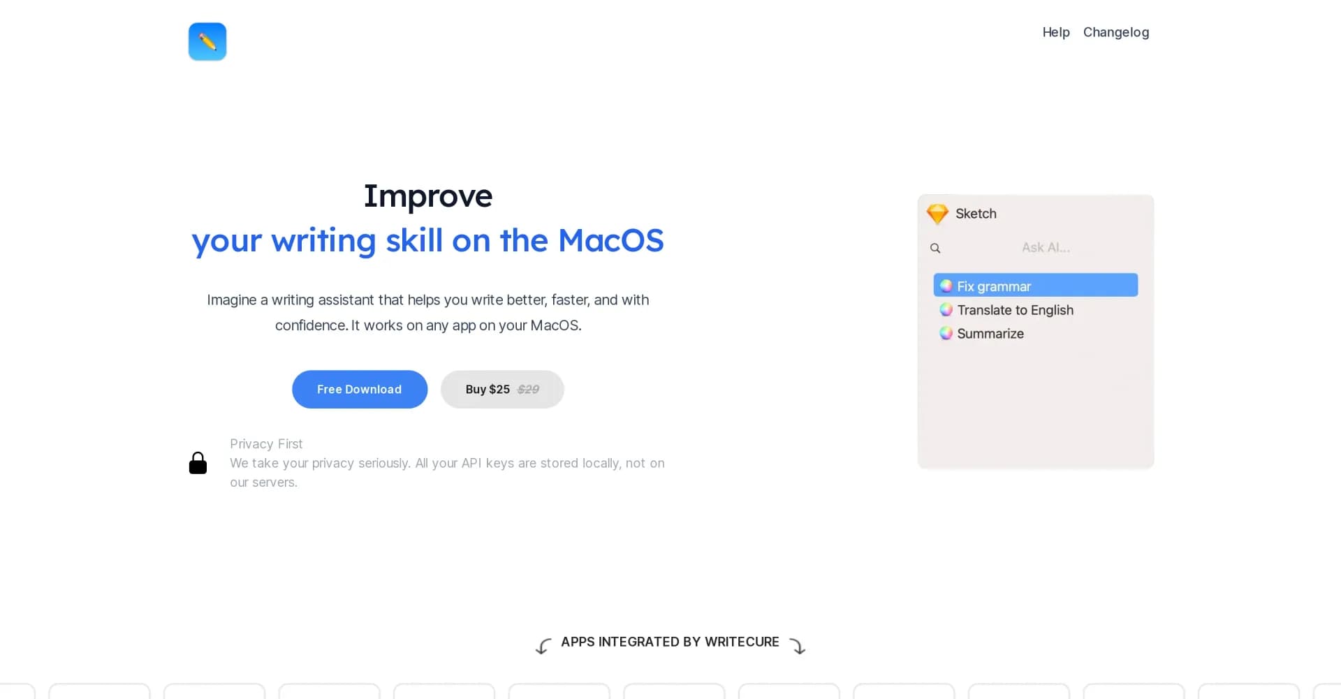 WriterCure homepage screenshot — Improve your writing across all MacOS apps.
