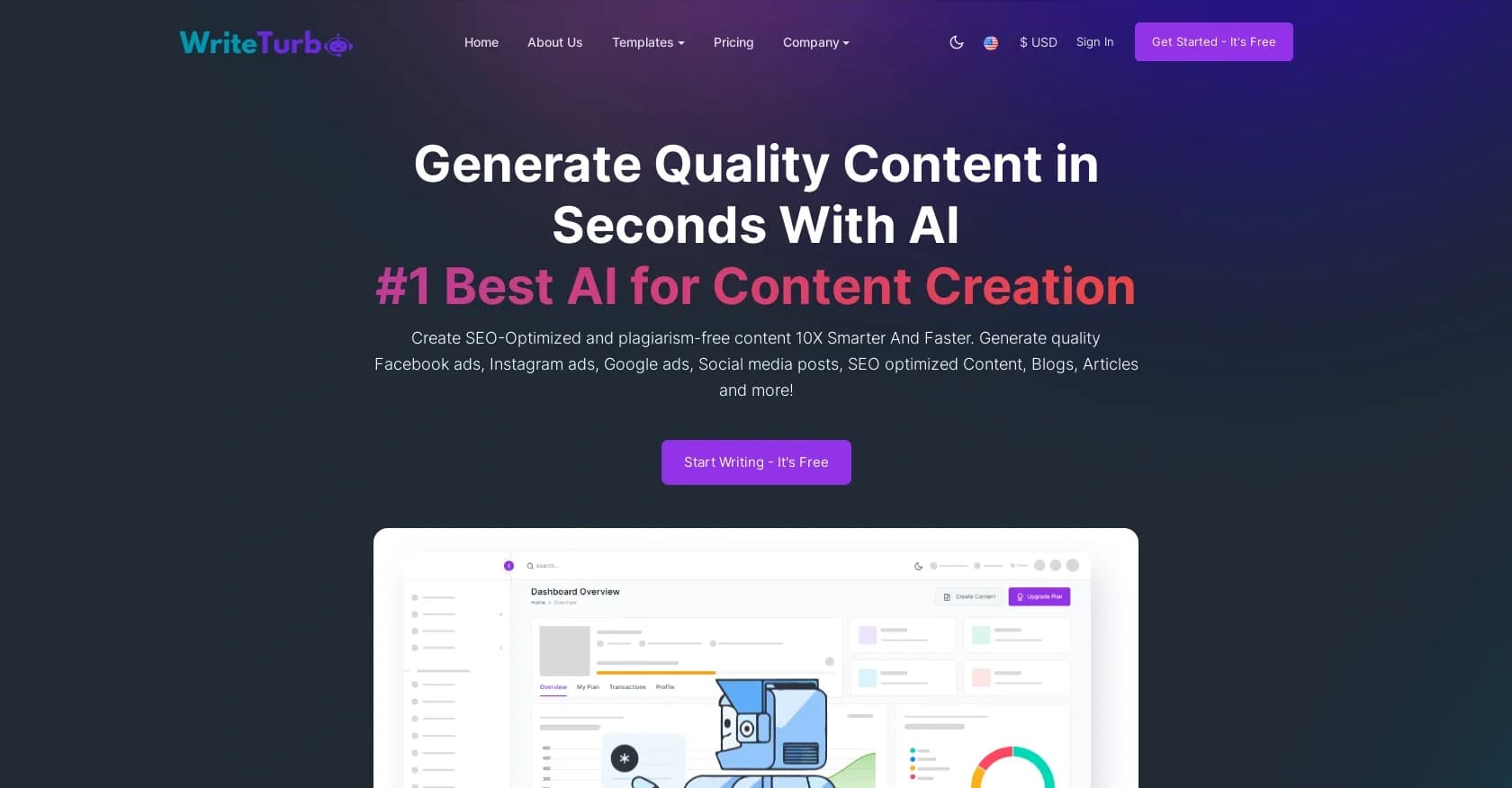 WriteTurbo homepage screenshot — The ultimate AI writer for fast and effective content.