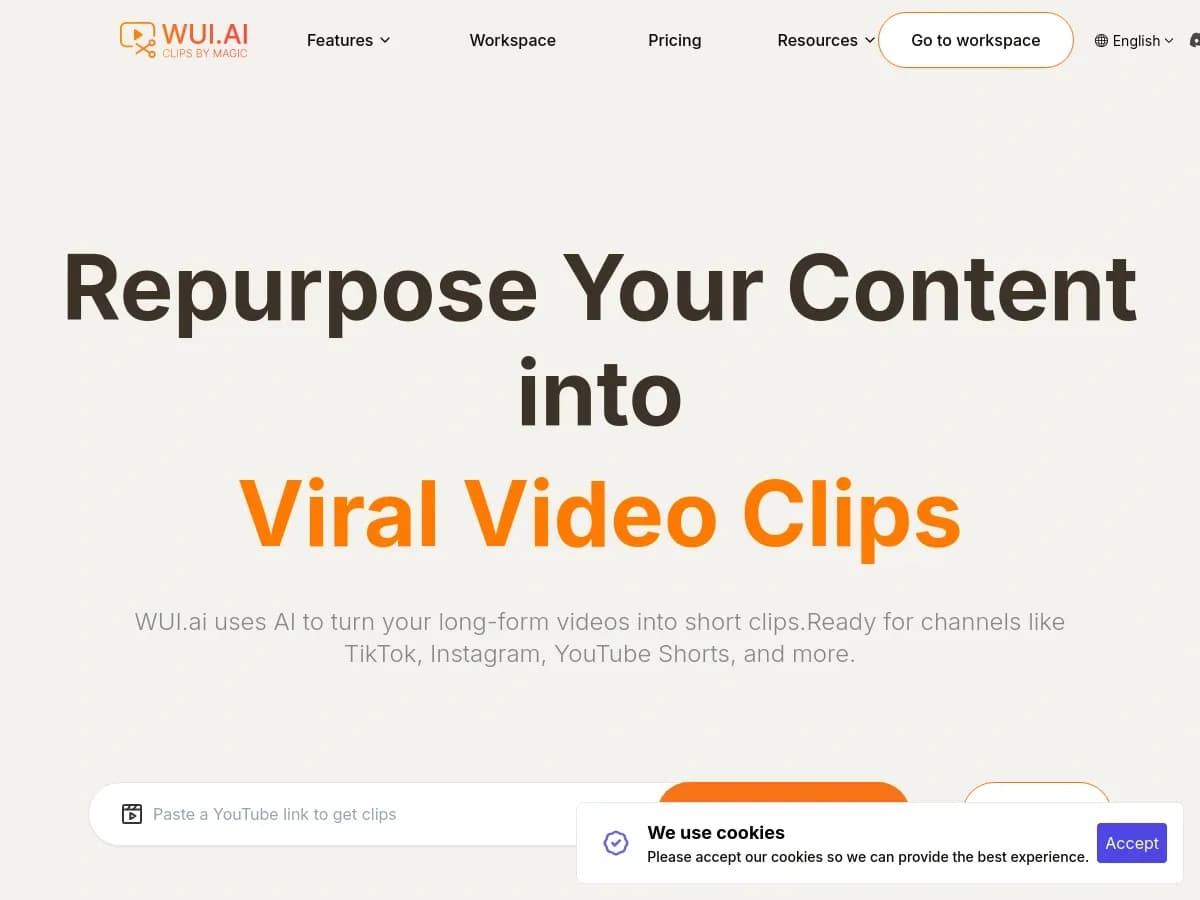 WUI.AI homepage screenshot — Turn long videos into viral short clips with AI