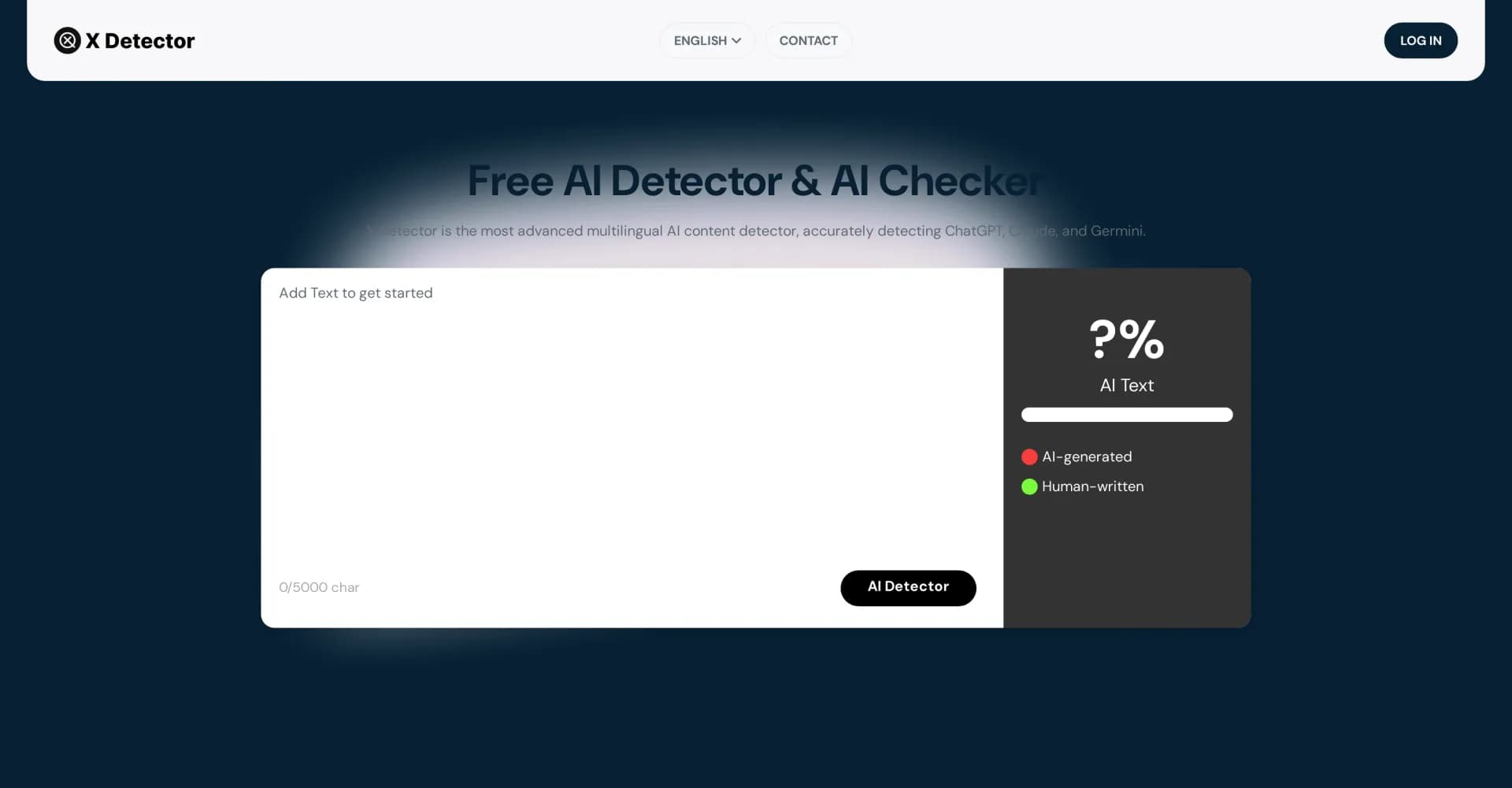 X Detector homepage screenshot — Detect AI-generated content in 20+ languages