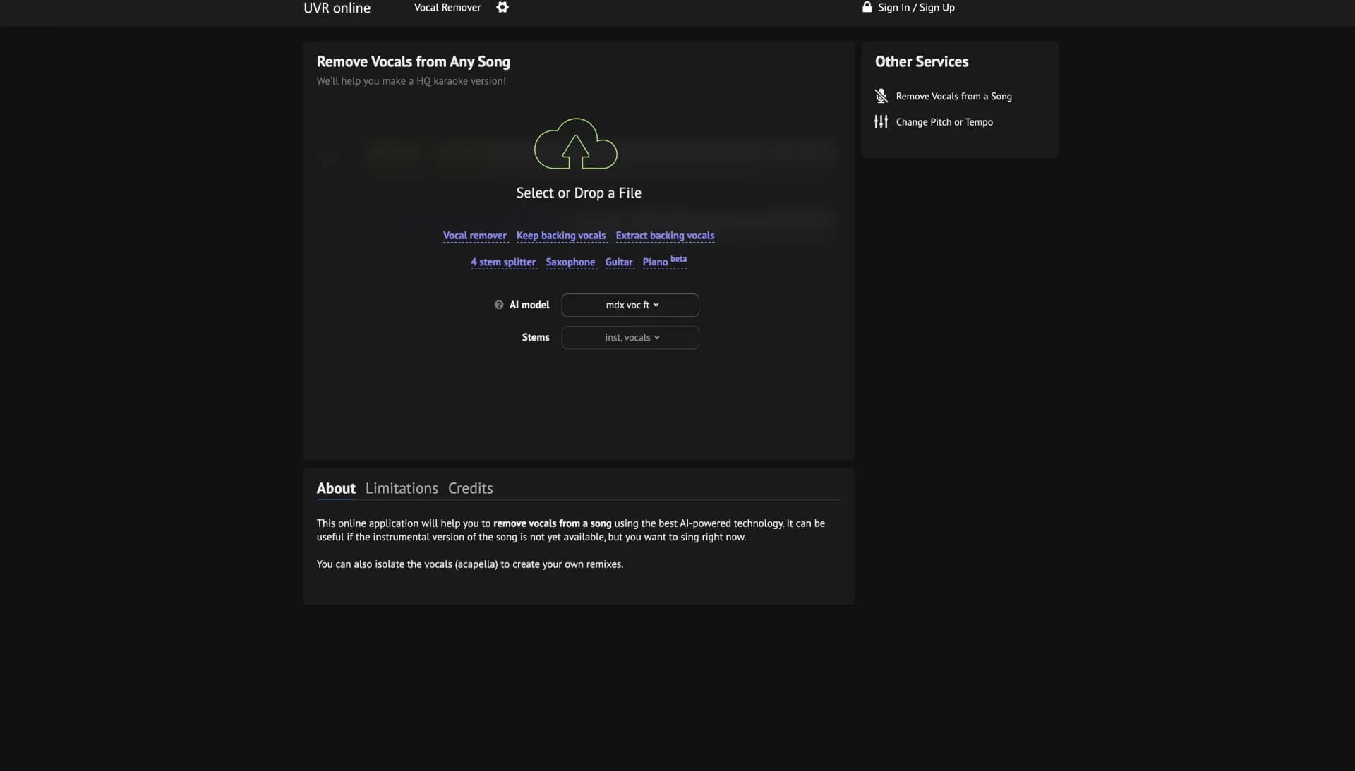 X-Minus homepage screenshot — Remove vocals from any song instantly.