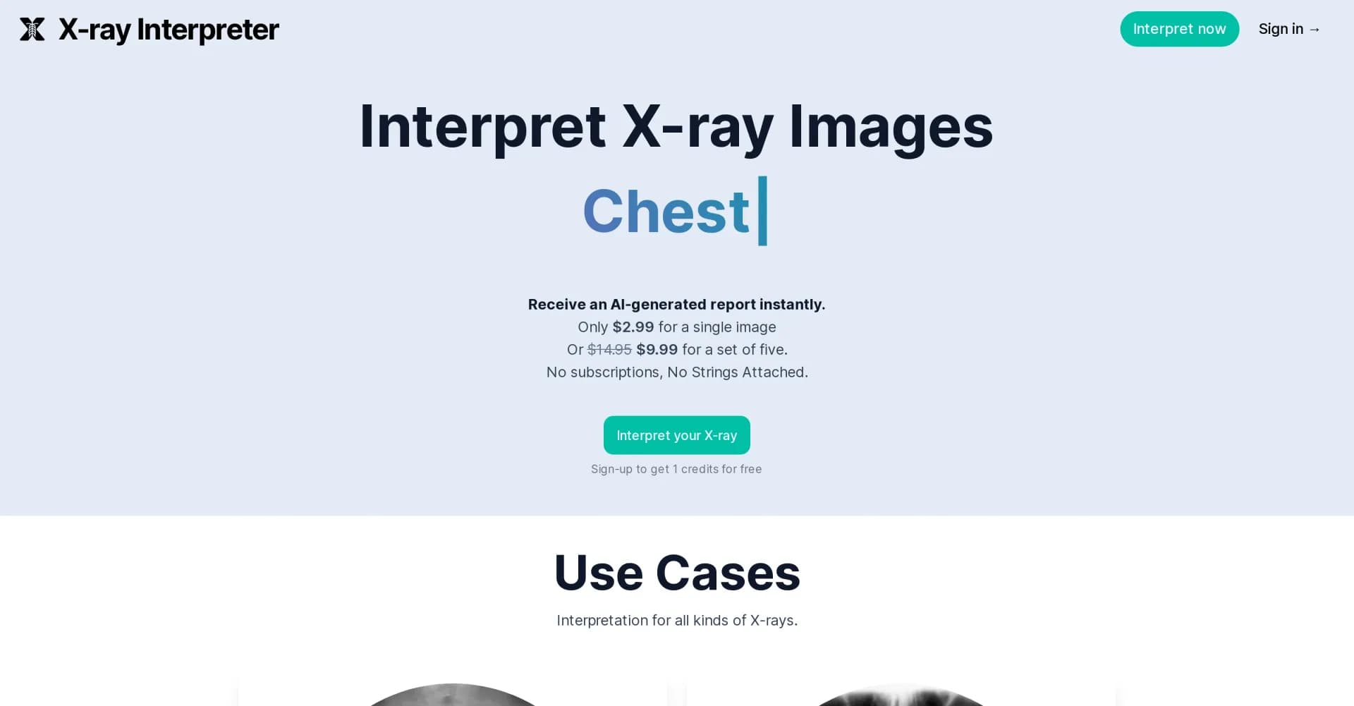X-ray Interpreter homepage screenshot — AI-powered X-ray interpretation for instant medical insights