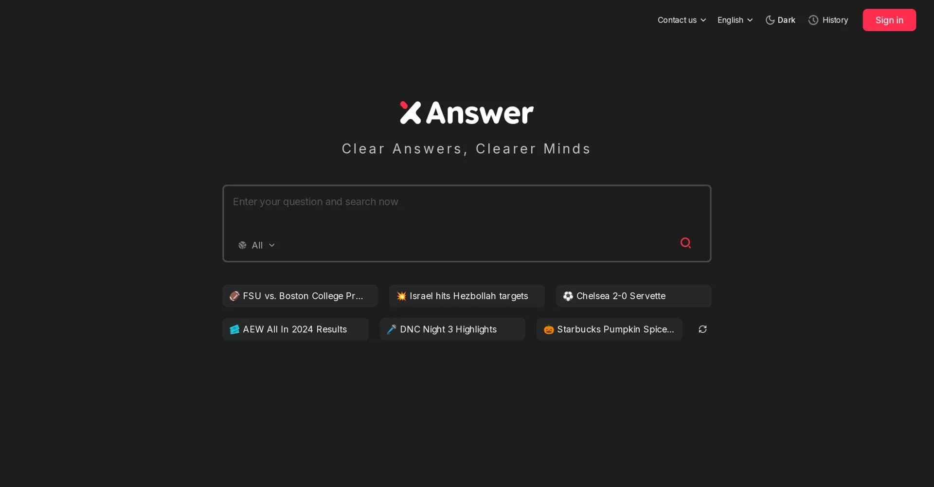 XAnswer homepage screenshot — AI search engine: Clear answers, clearer minds.