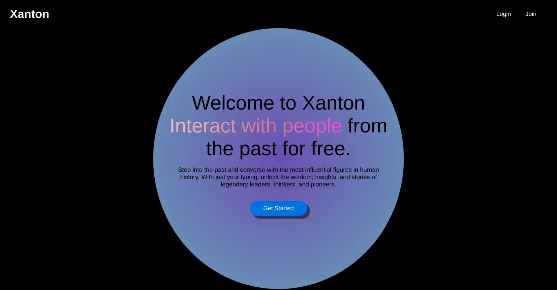 XantonAI homepage screenshot — Chat with AI-powered historical figures