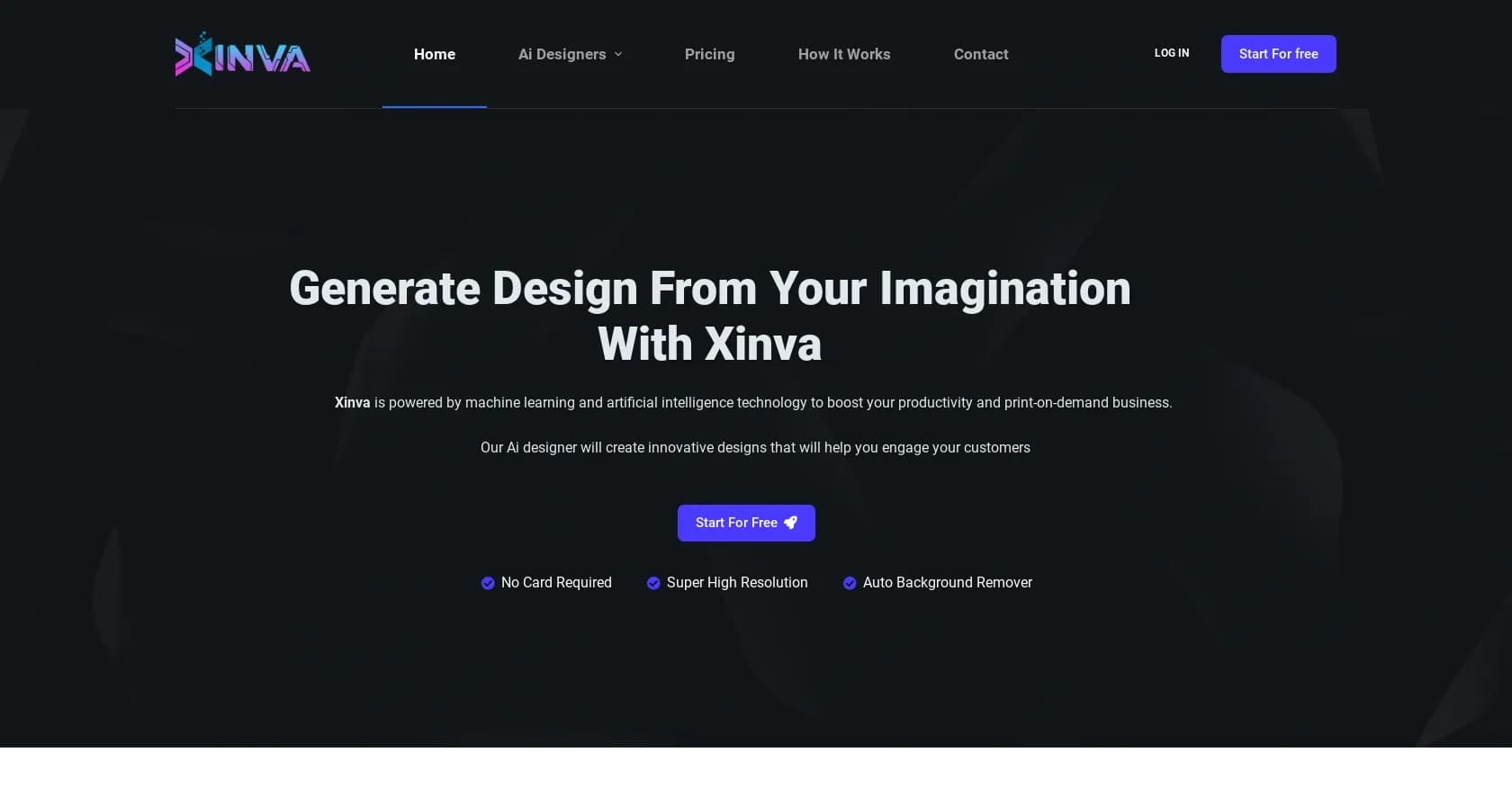 Xinva homepage screenshot — Turn imagination into actual designs.