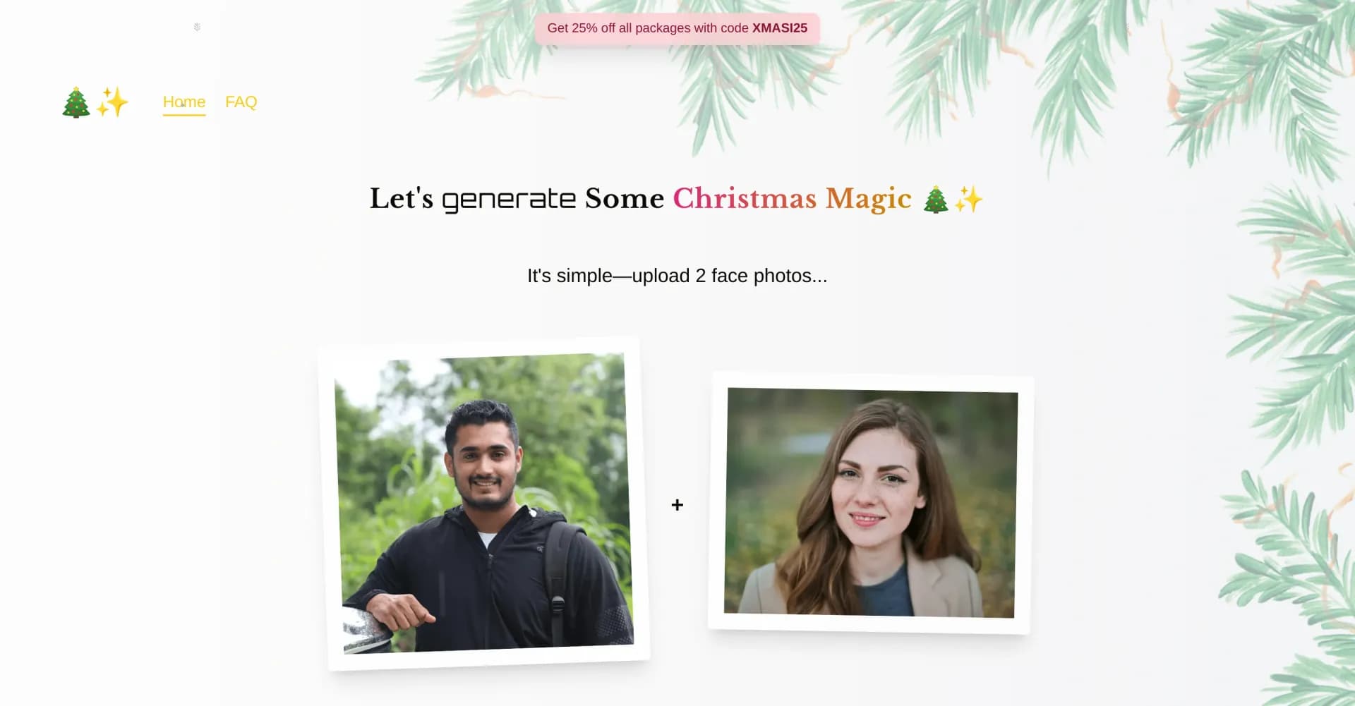 Xmasinator homepage screenshot — Transform photos into magical Christmas scenes.
