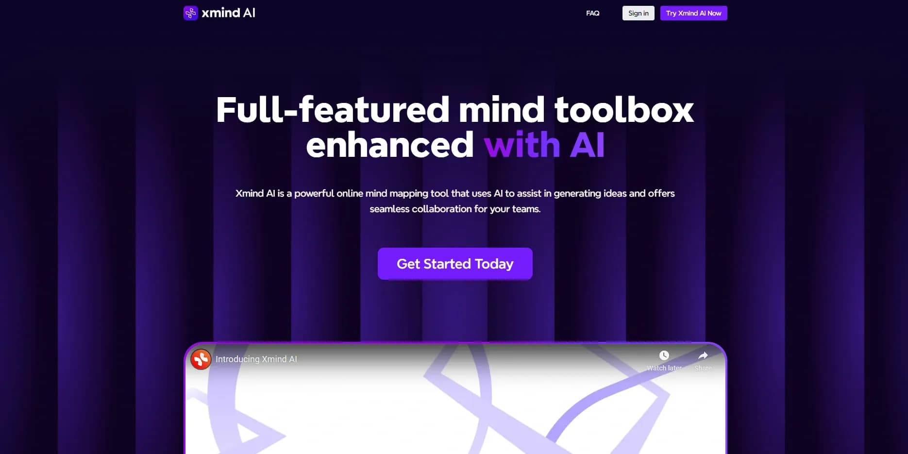 Xmind homepage screenshot — AI-powered mind mapping for effortless writing