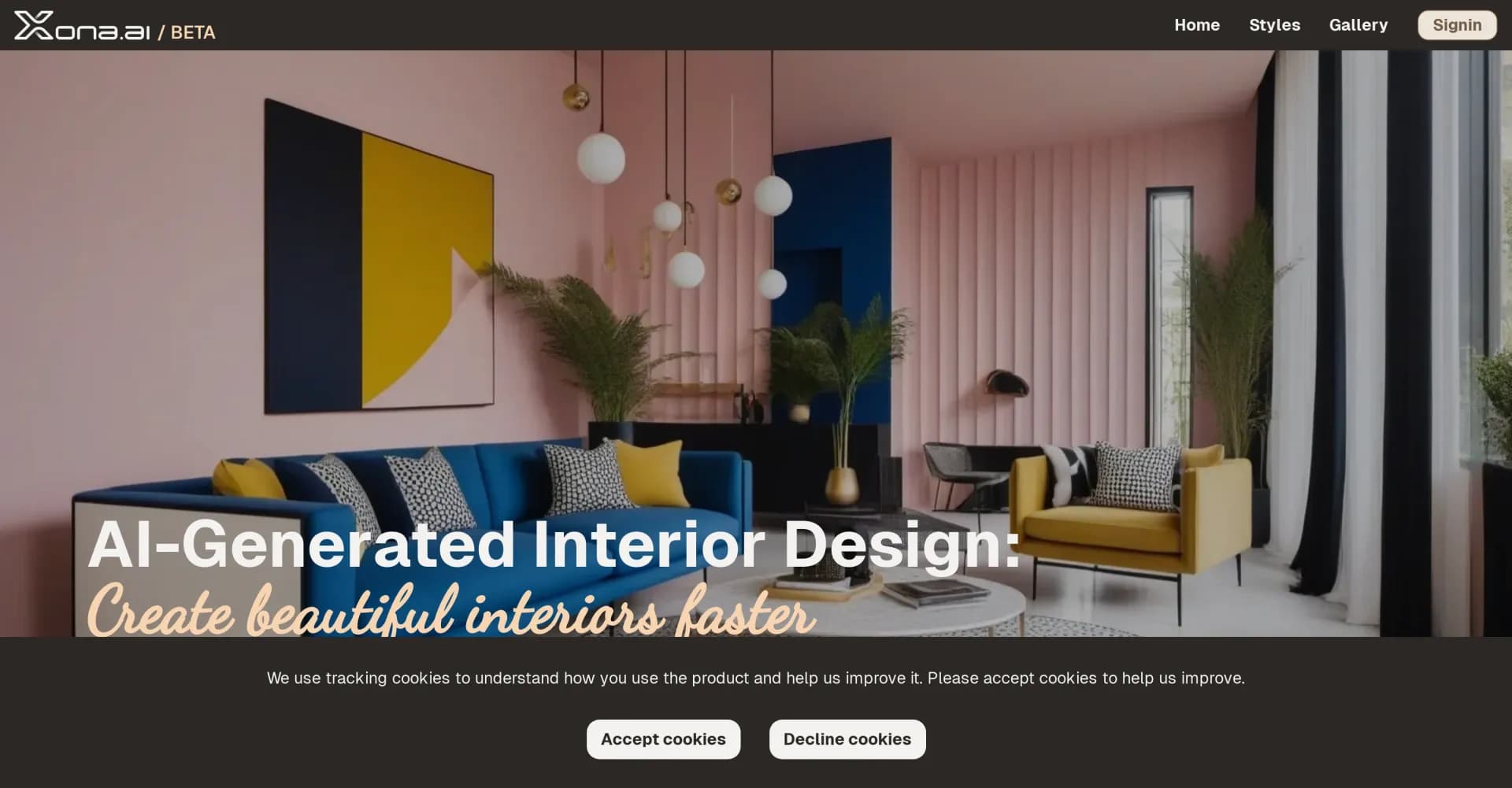 Xona AI homepage screenshot — Create stunning interiors with AI