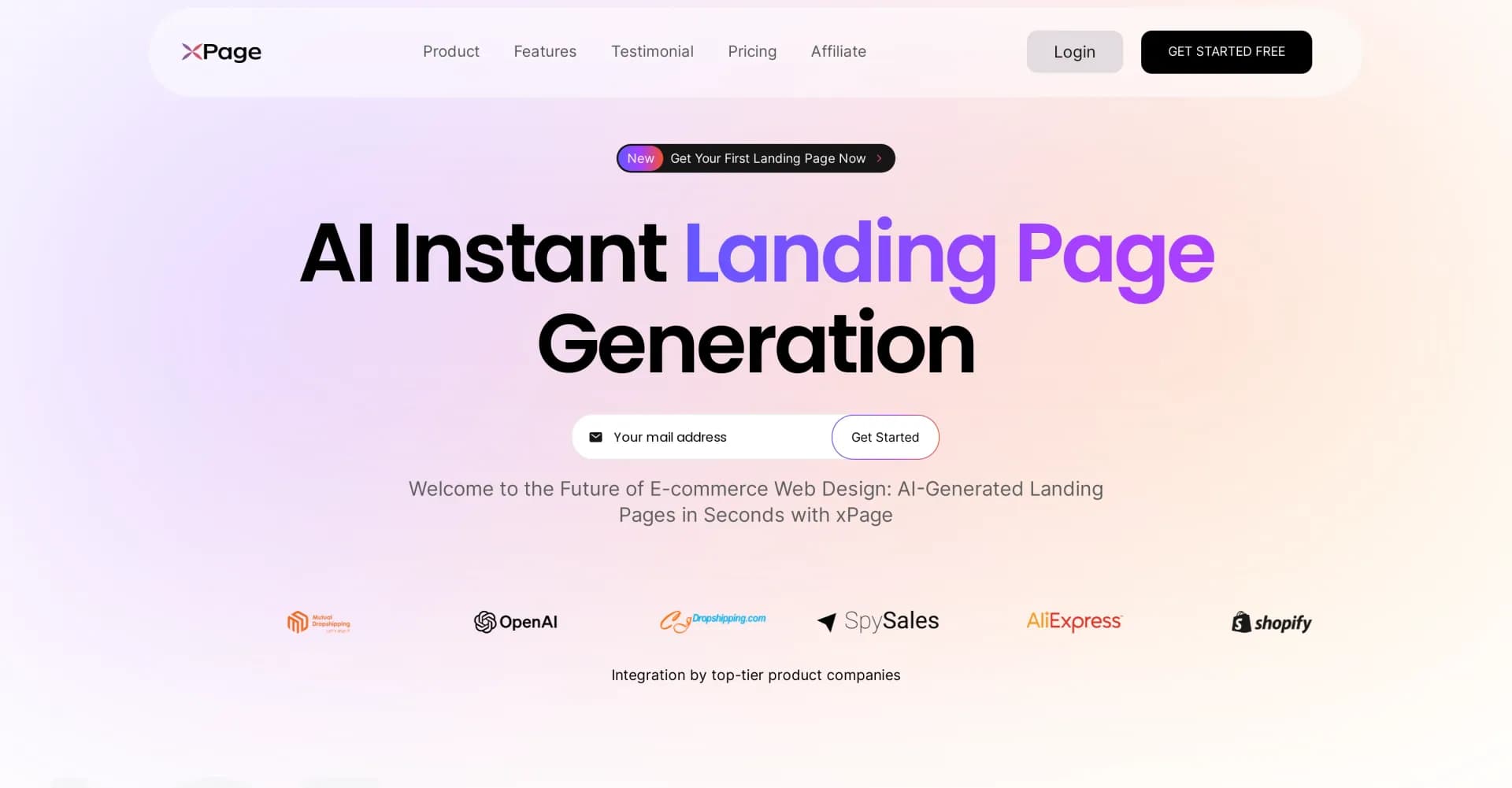 xPage homepage screenshot — AI-powered landing pages for e-commerce success.