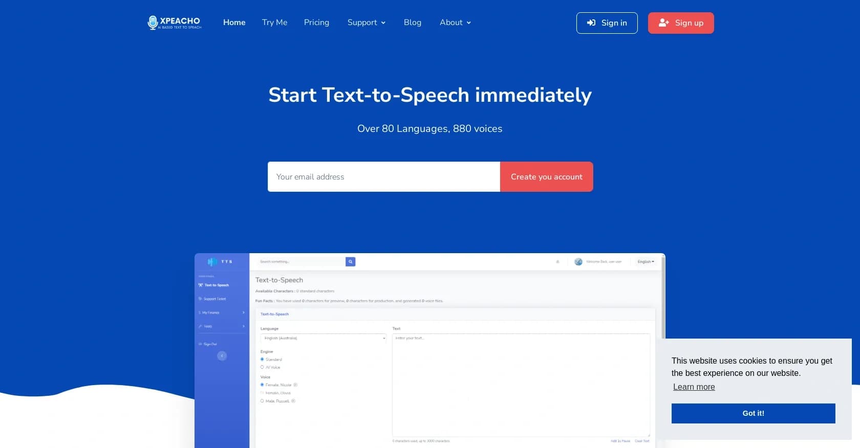 Xpeacho homepage screenshot — Instantly transform text into human-sounding voiceovers