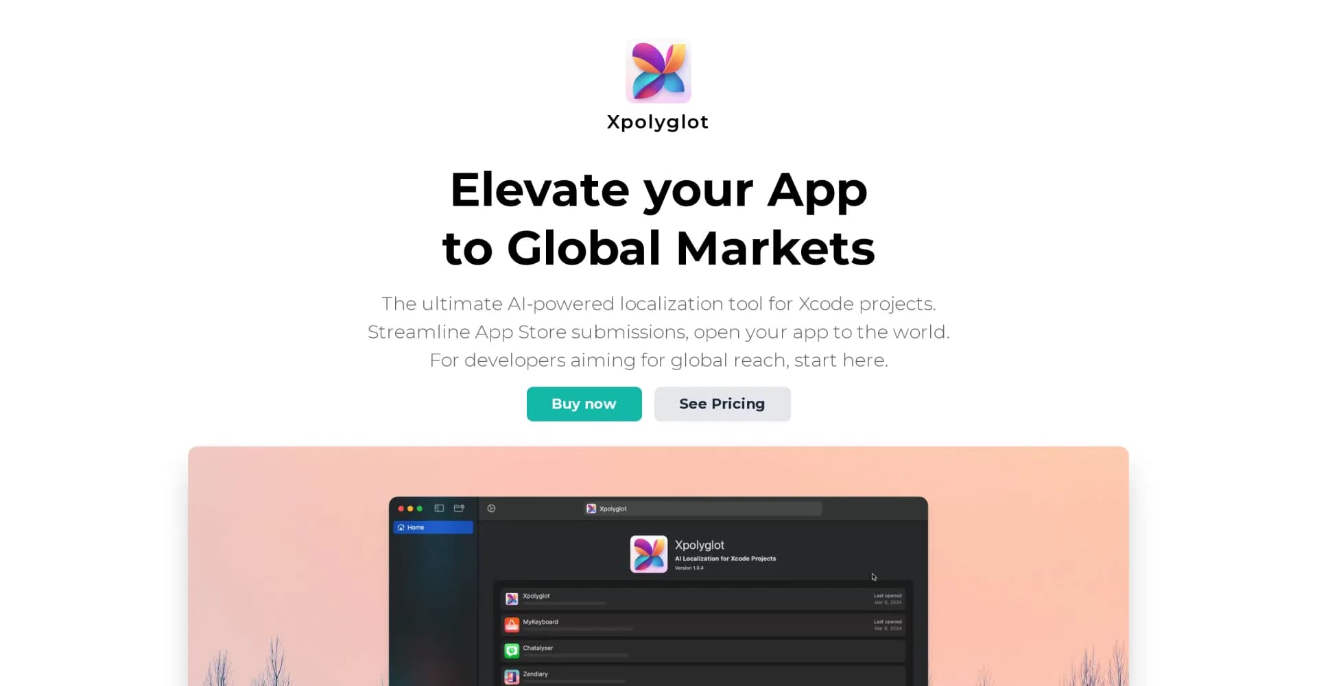 Xpolyglot homepage screenshot — AI-powered localization for Xcode projects.