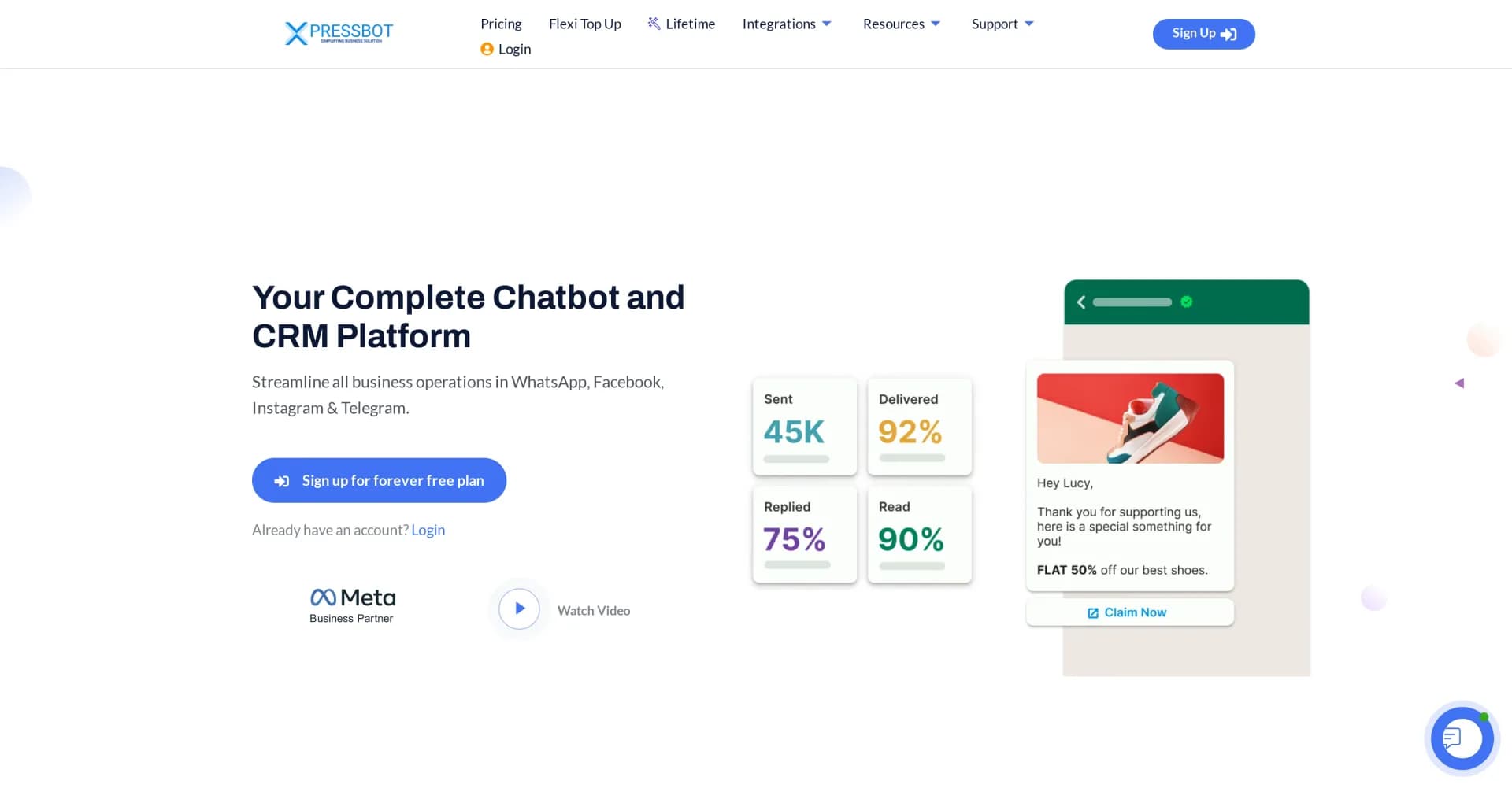 XpressBot homepage screenshot — All-in-One Chatbot and CRM Platform for Messaging Apps