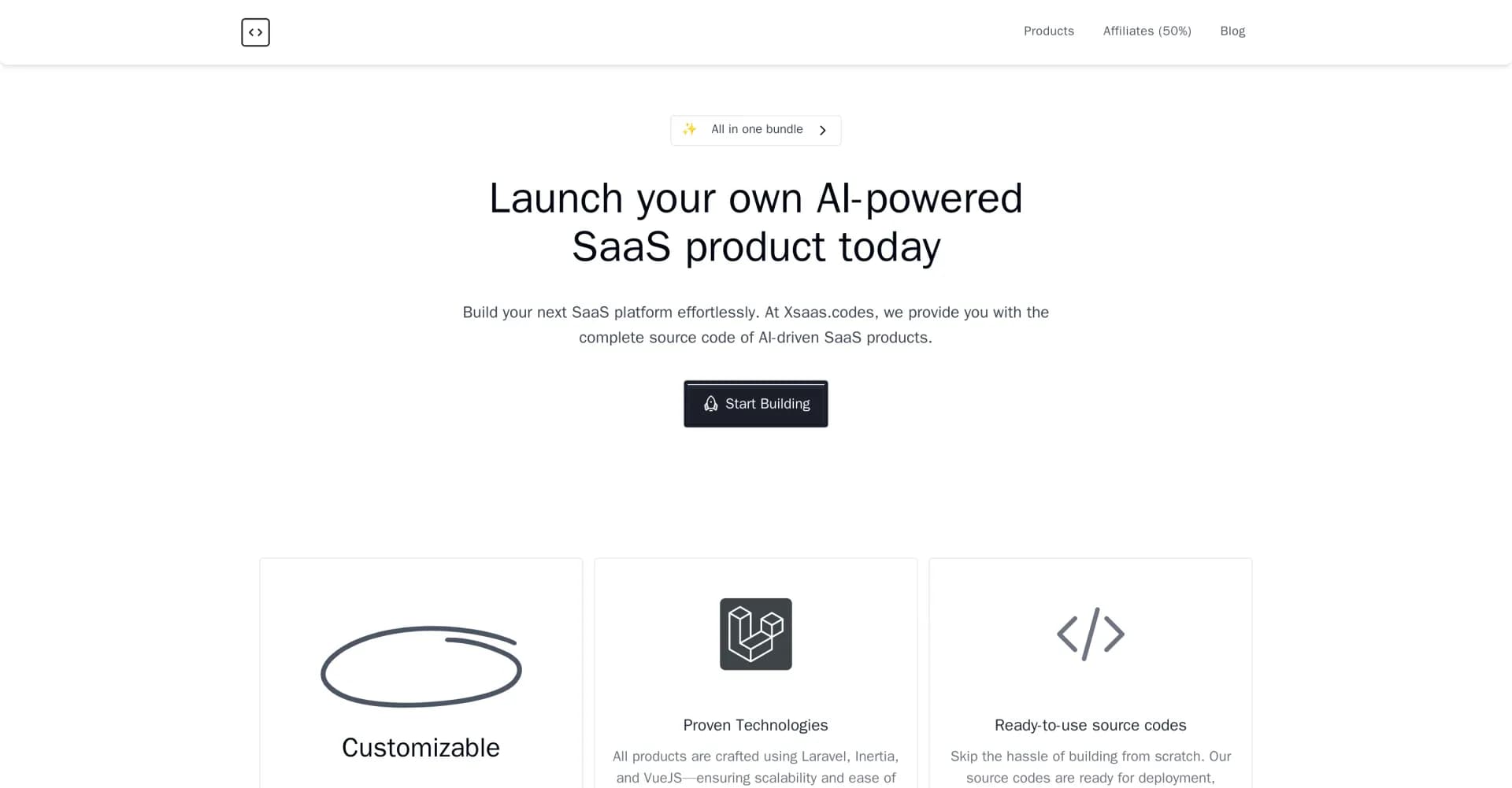 Xsaas homepage screenshot — Launch your own AI-powered SaaS product today