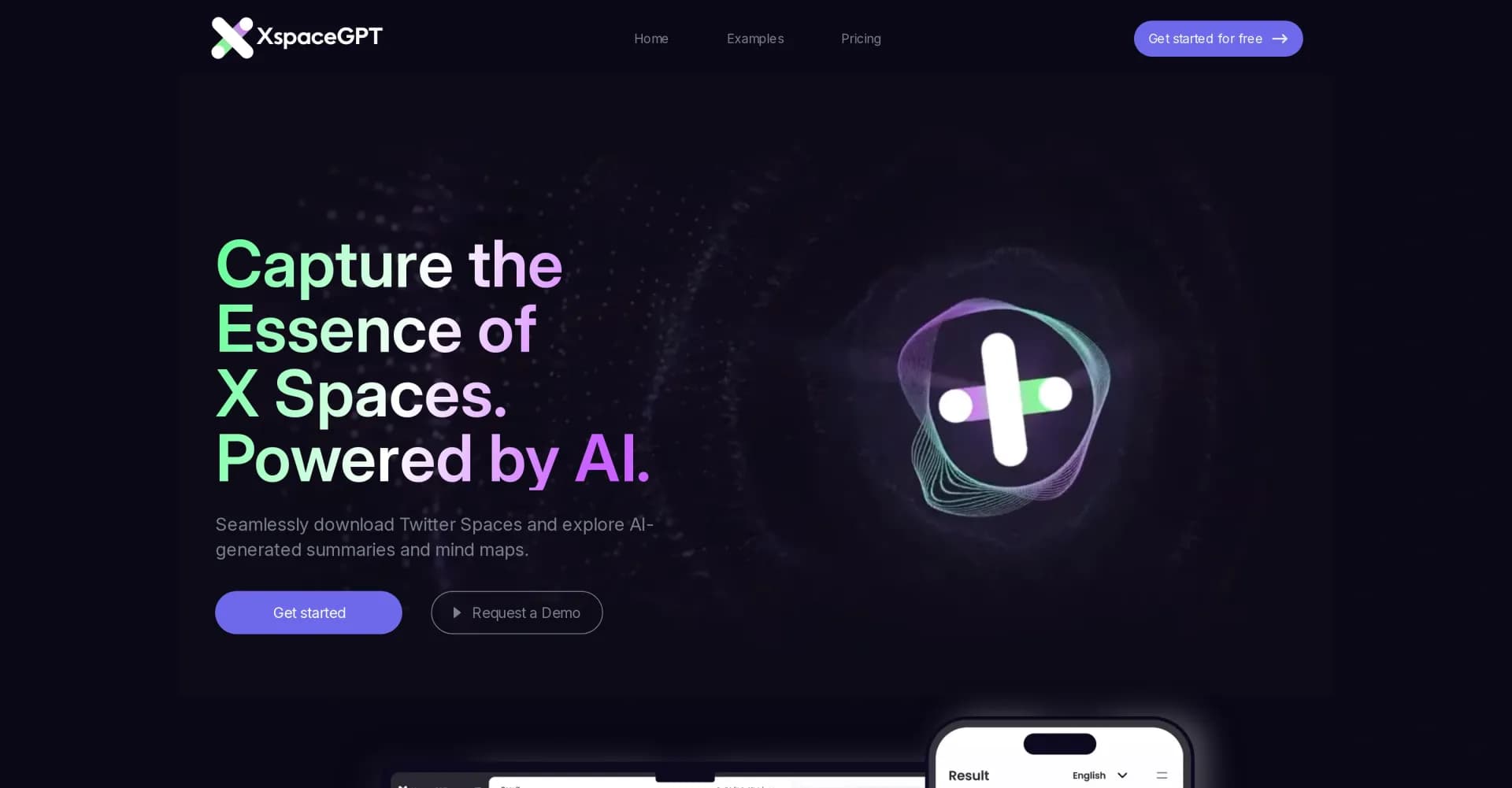 XspaceGPT homepage screenshot — Convert X Space chats to searchable text with AI summaries.