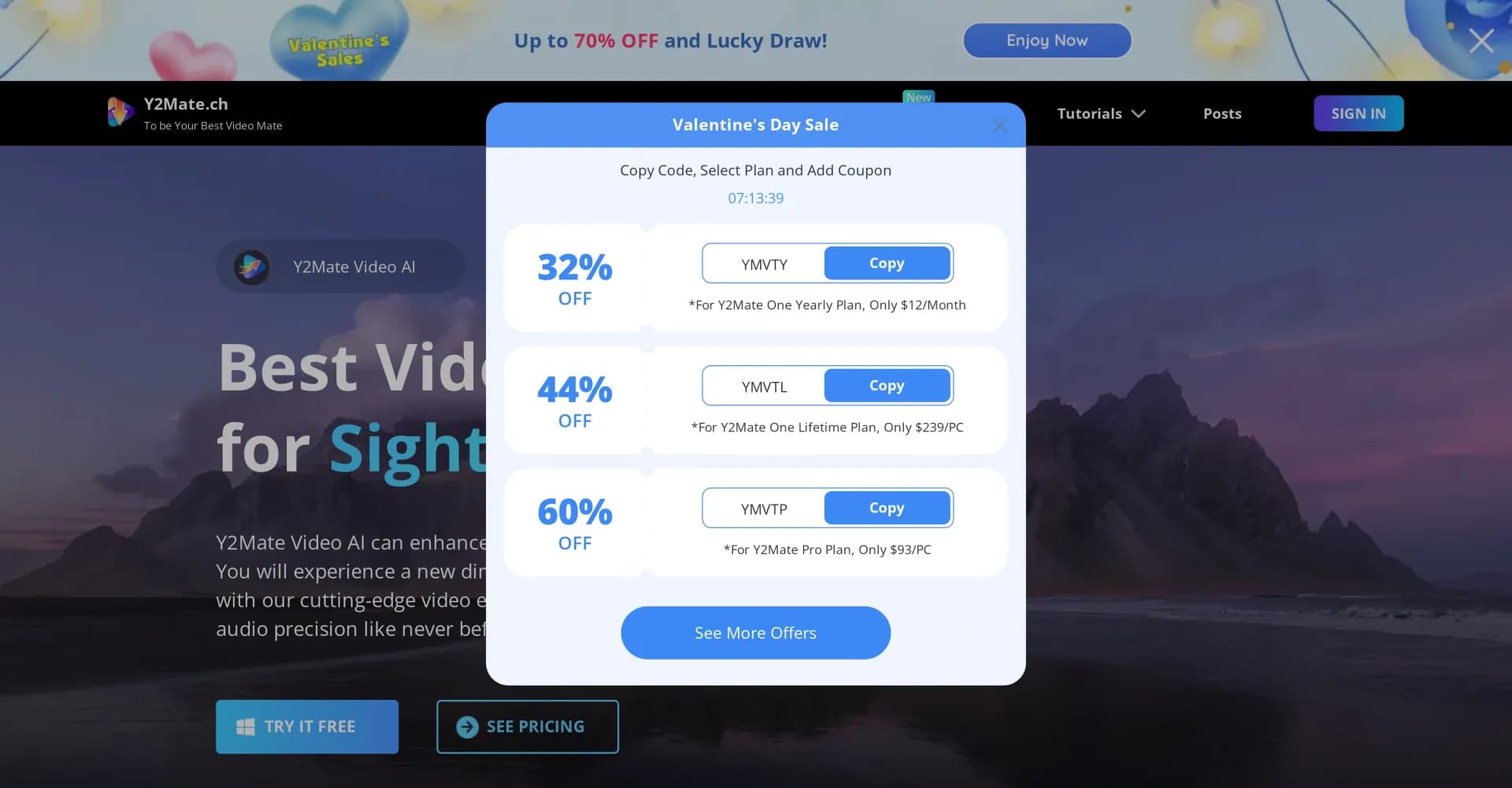 Y2Mate homepage screenshot — Elevate videos with AI-powered enhancement.