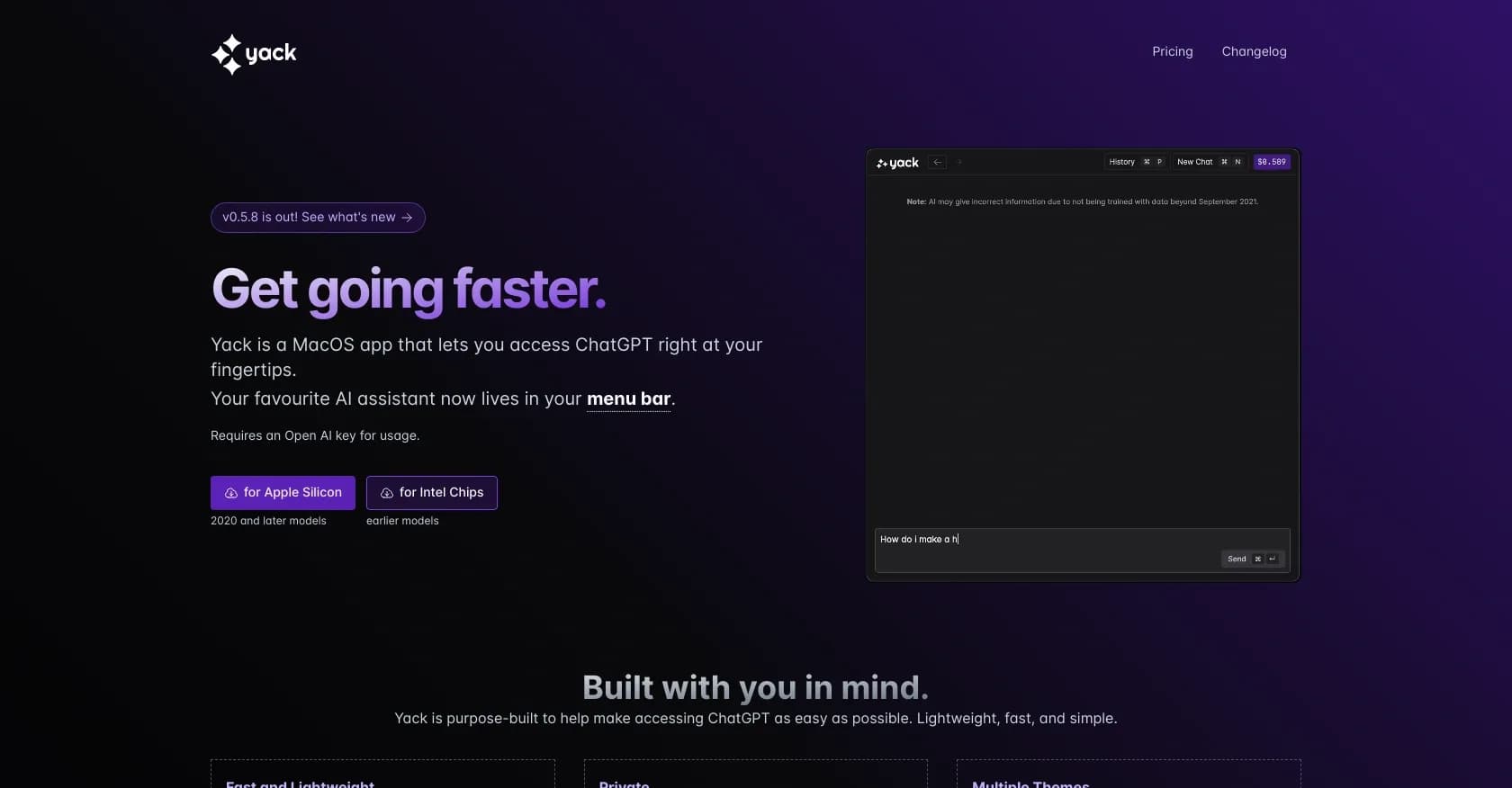 Yack homepage screenshot — Access ChatGPT instantly from your menubar.