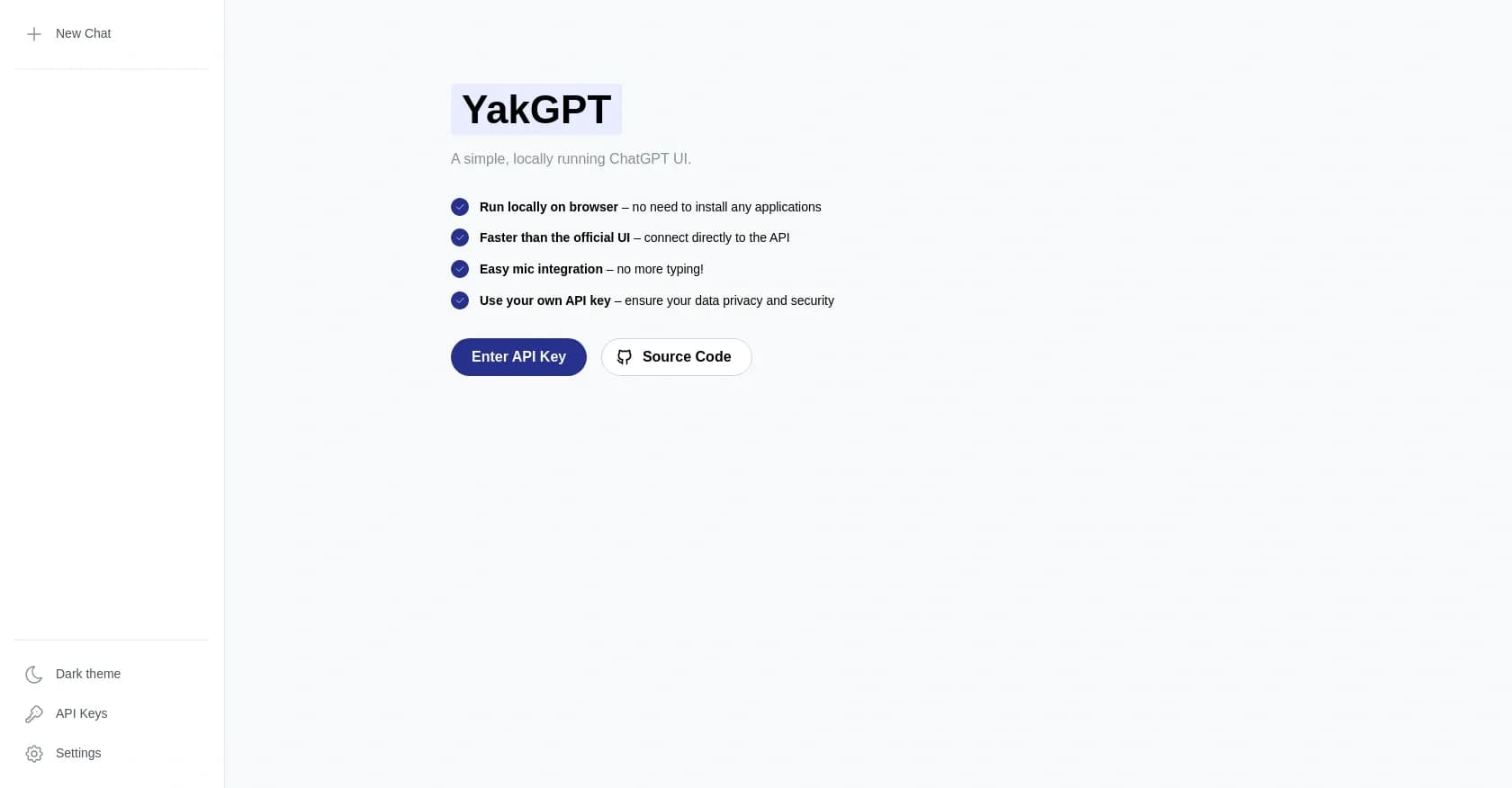 YakGPT homepage screenshot — Simple, fast, local ChatGPT UI with voice support.