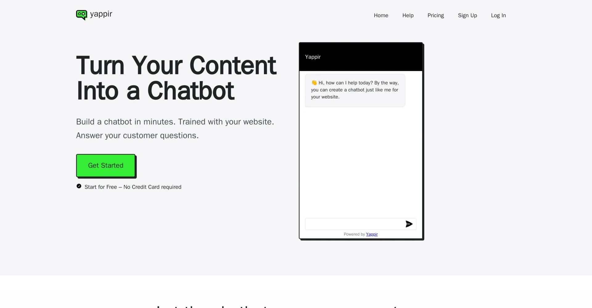 Yappir homepage screenshot — Turn your content into a chatbot in minutes.