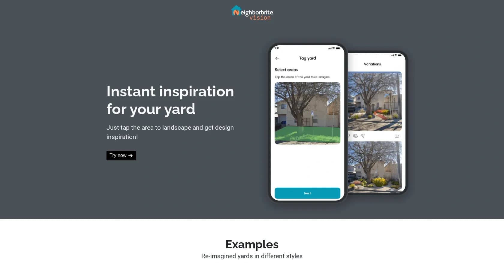 Yard Vision homepage screenshot — Visualize your dream landscape with AI.