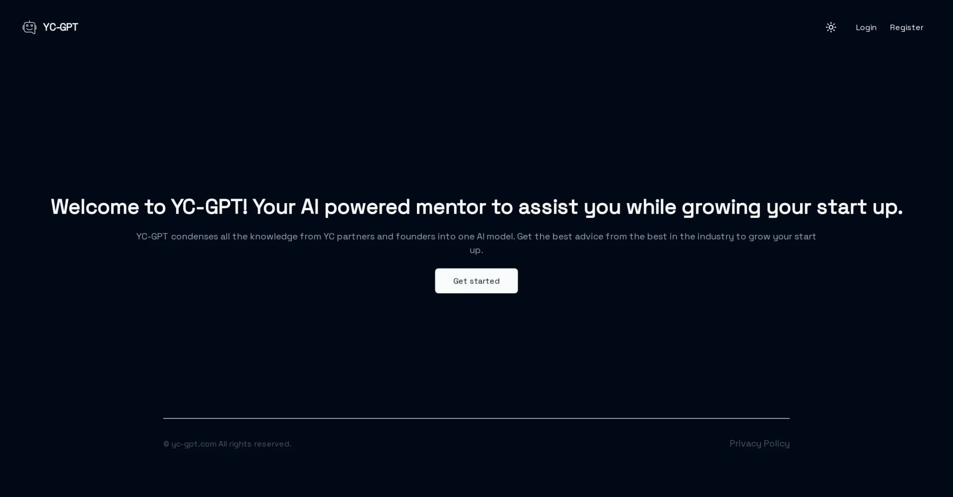 YC-GPT homepage screenshot — AI mentor distilling YC wisdom for startups.