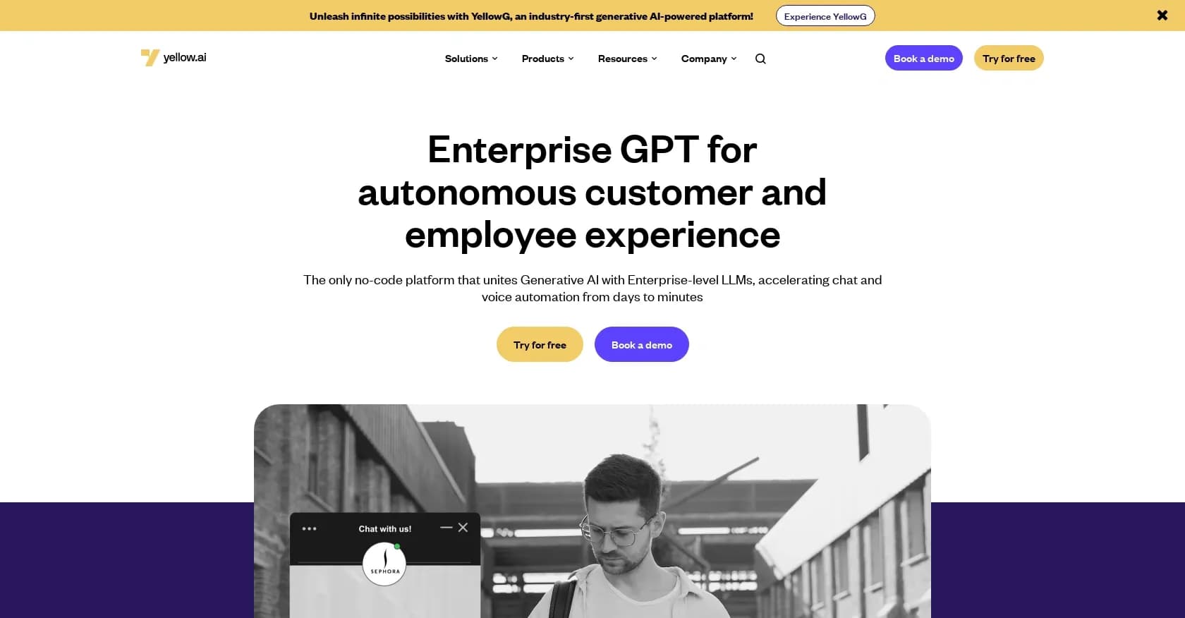 Yellow homepage screenshot — Automate customer & employee interactions across languages a
