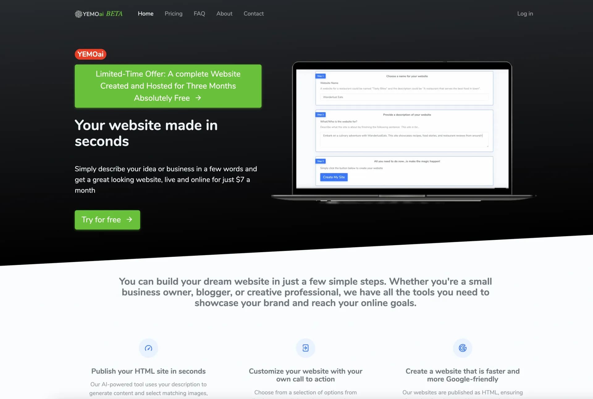 YEMOai homepage screenshot — Create a stunning website in seconds with AI