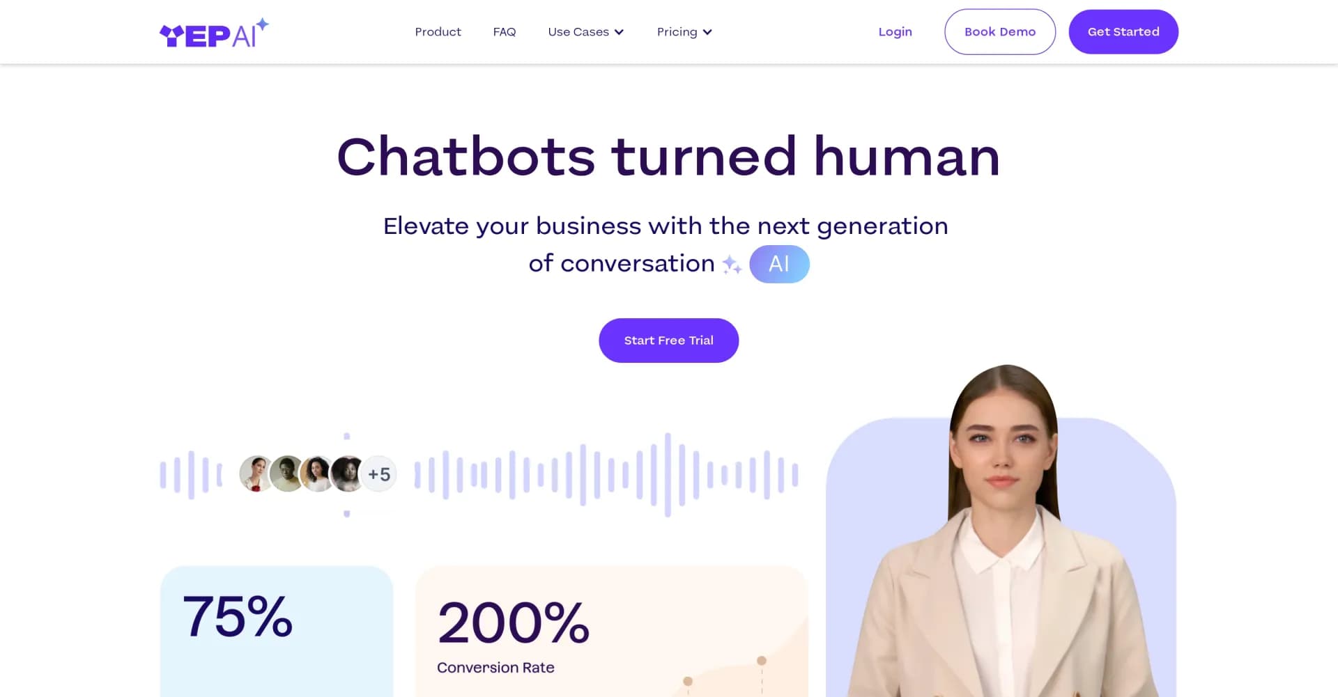 Yep AI homepage screenshot — Elevate your business with human-like AI chatbots.