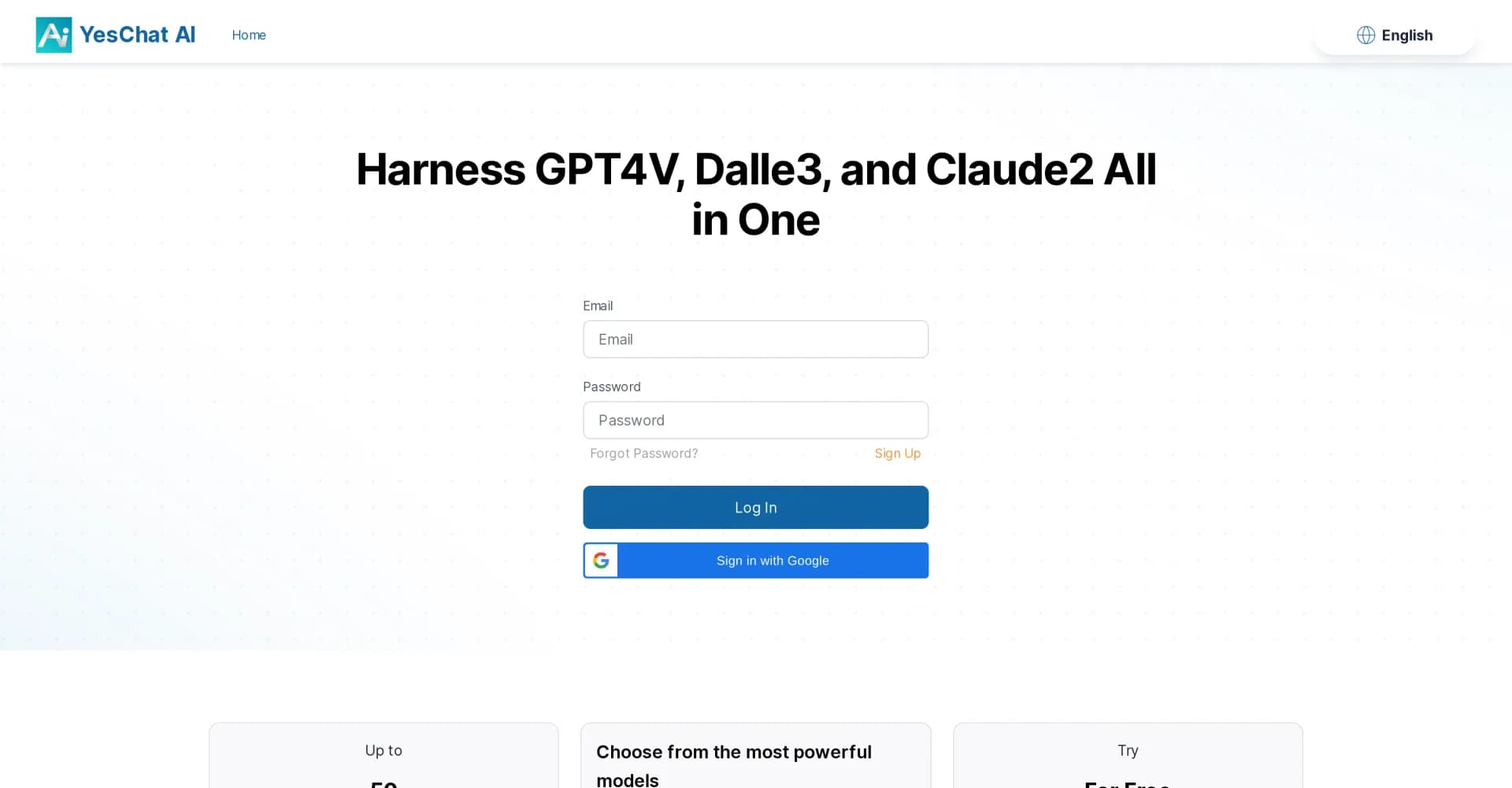 YesChat homepage screenshot — Harness GPT-4V, DALLE3, and Claude 2 in one AI chat platform