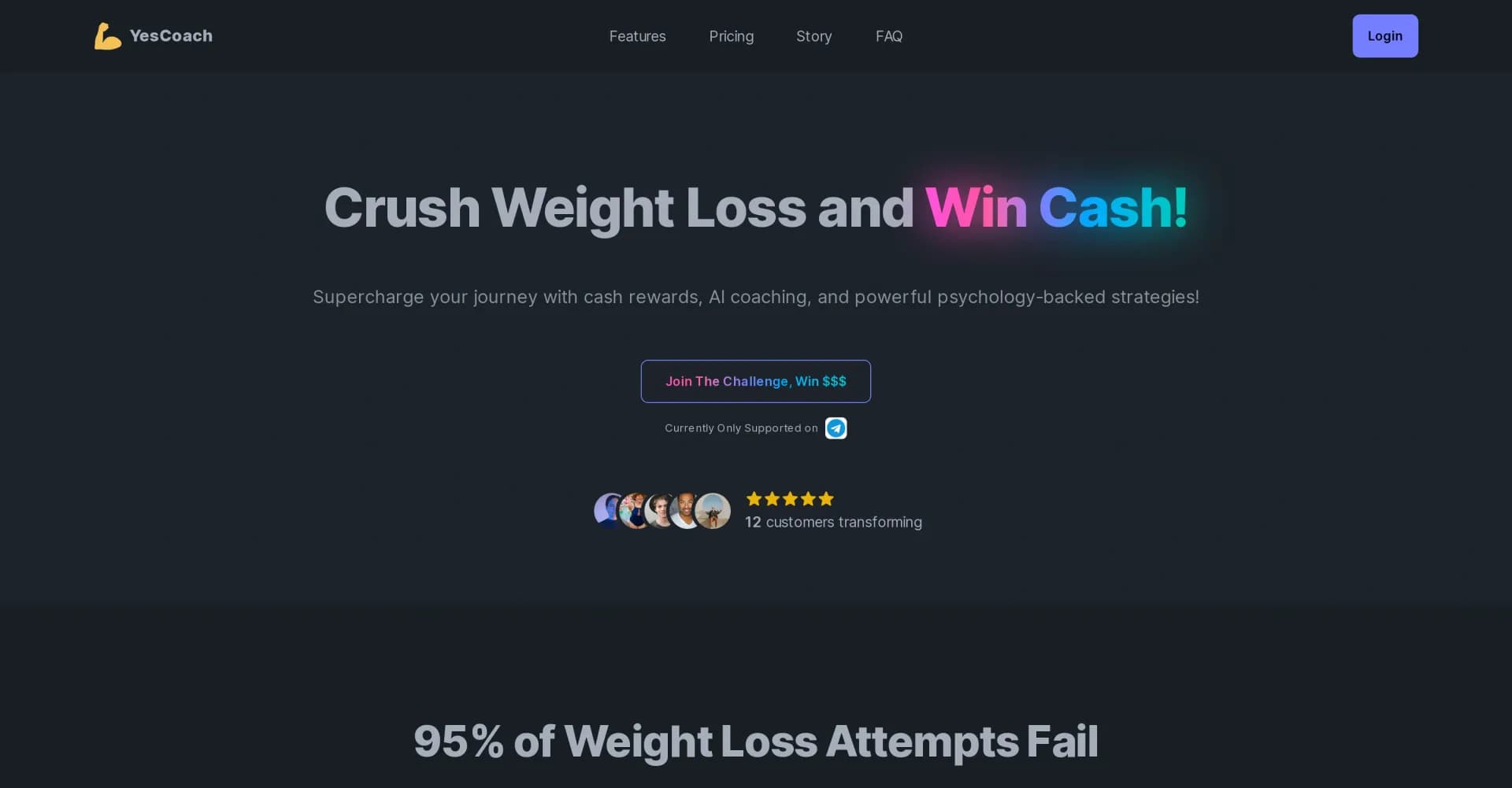 YesCoach homepage screenshot — Crush weight loss with AI coaching and cash rewards.