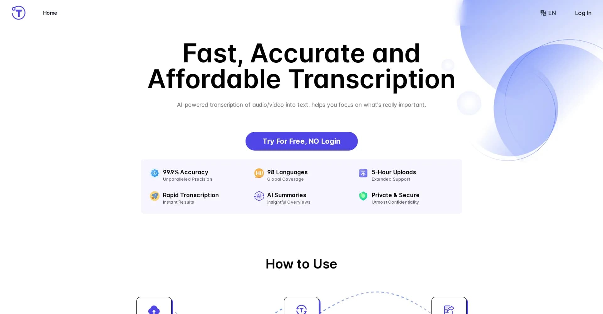 Yescribe homepage screenshot — AI-powered audio/video to text transcription in 98+ language