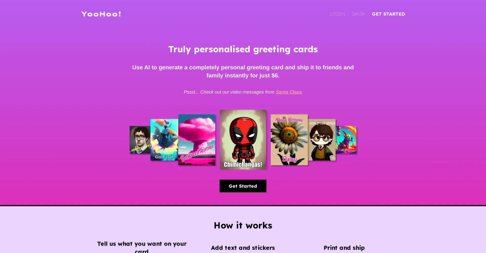 YooHoo homepage screenshot — Create AI-generated custom greeting cards.