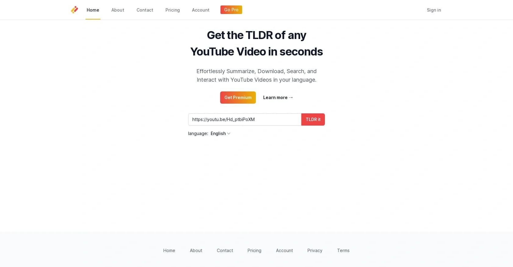 You-tldr homepage screenshot — Get the TLDR of any YouTube video in seconds.