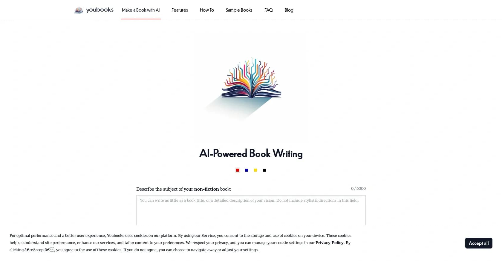 Youbooks homepage screenshot — AI-powered book creation for non-fiction authors.