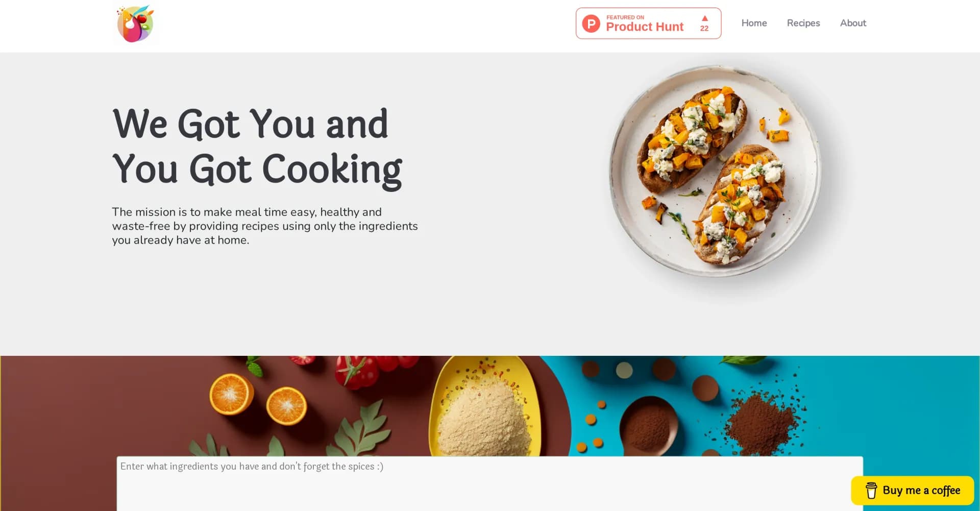 YouGotCooking homepage screenshot — AI-powered recipes from ingredients you have at home