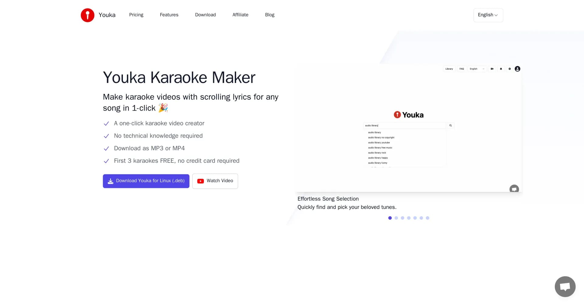 Youka homepage screenshot — Create karaoke videos for any song in one click.