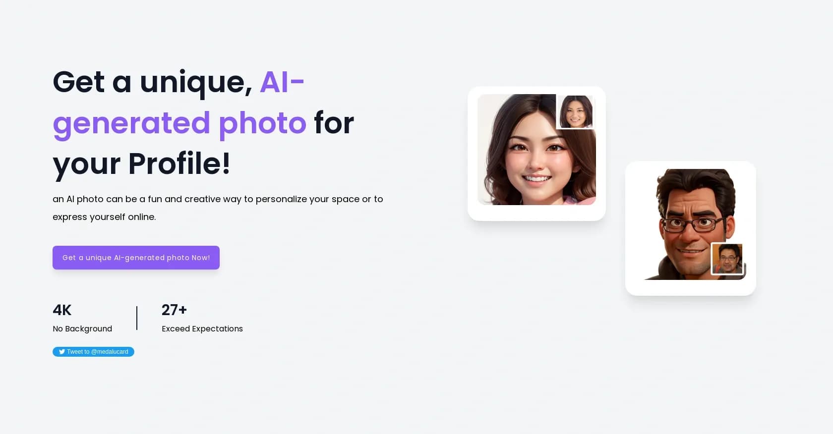 Your AI Avatar homepage screenshot — Create unique AI-generated profile photos.